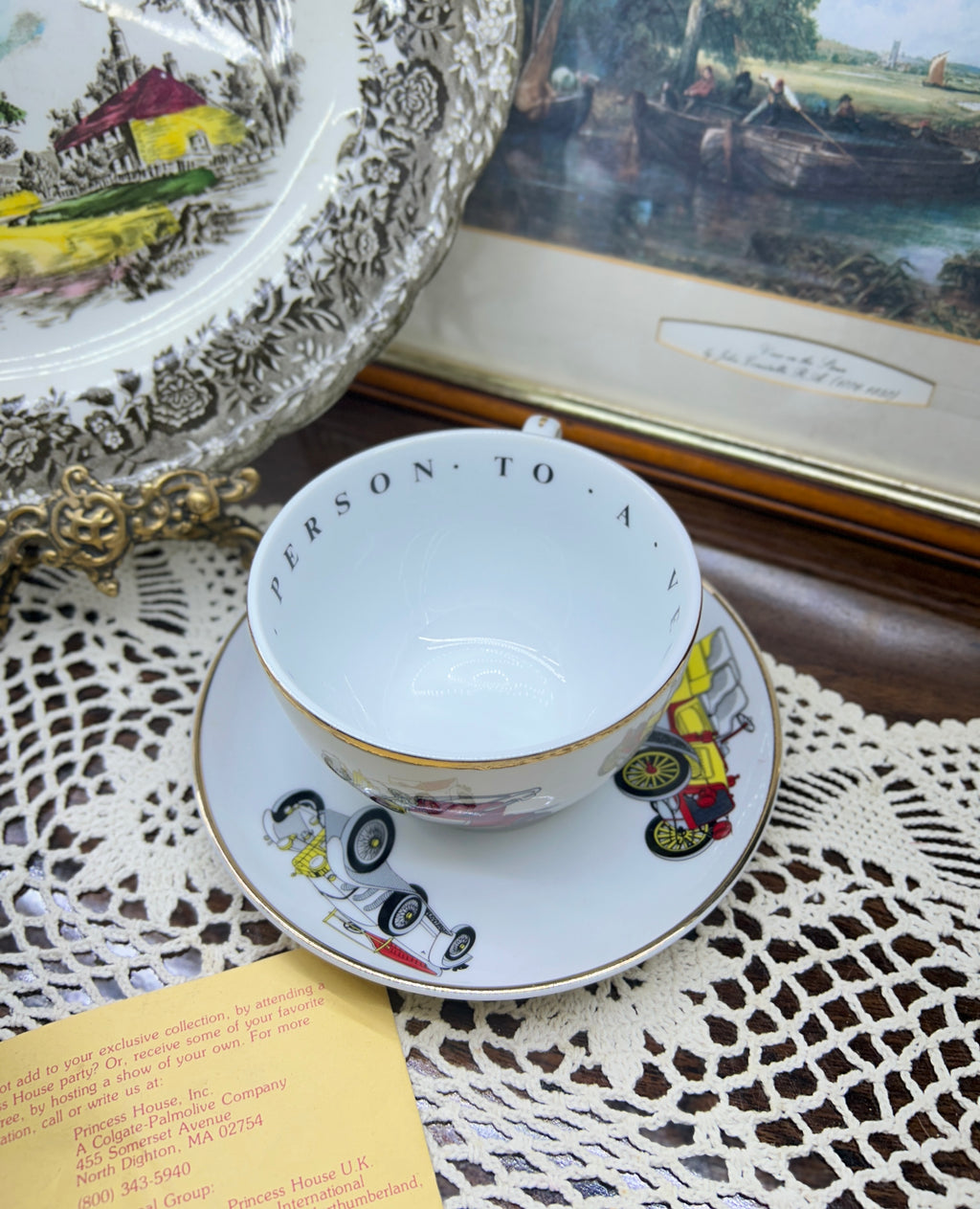 vintage Princess House cup and saucer set with antique car illustrations — Rare find