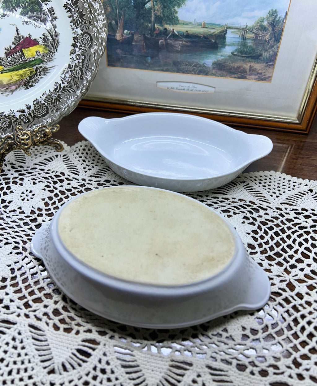 Pair of white porcelain oval porcelain au gratin dish/ french baking dishes