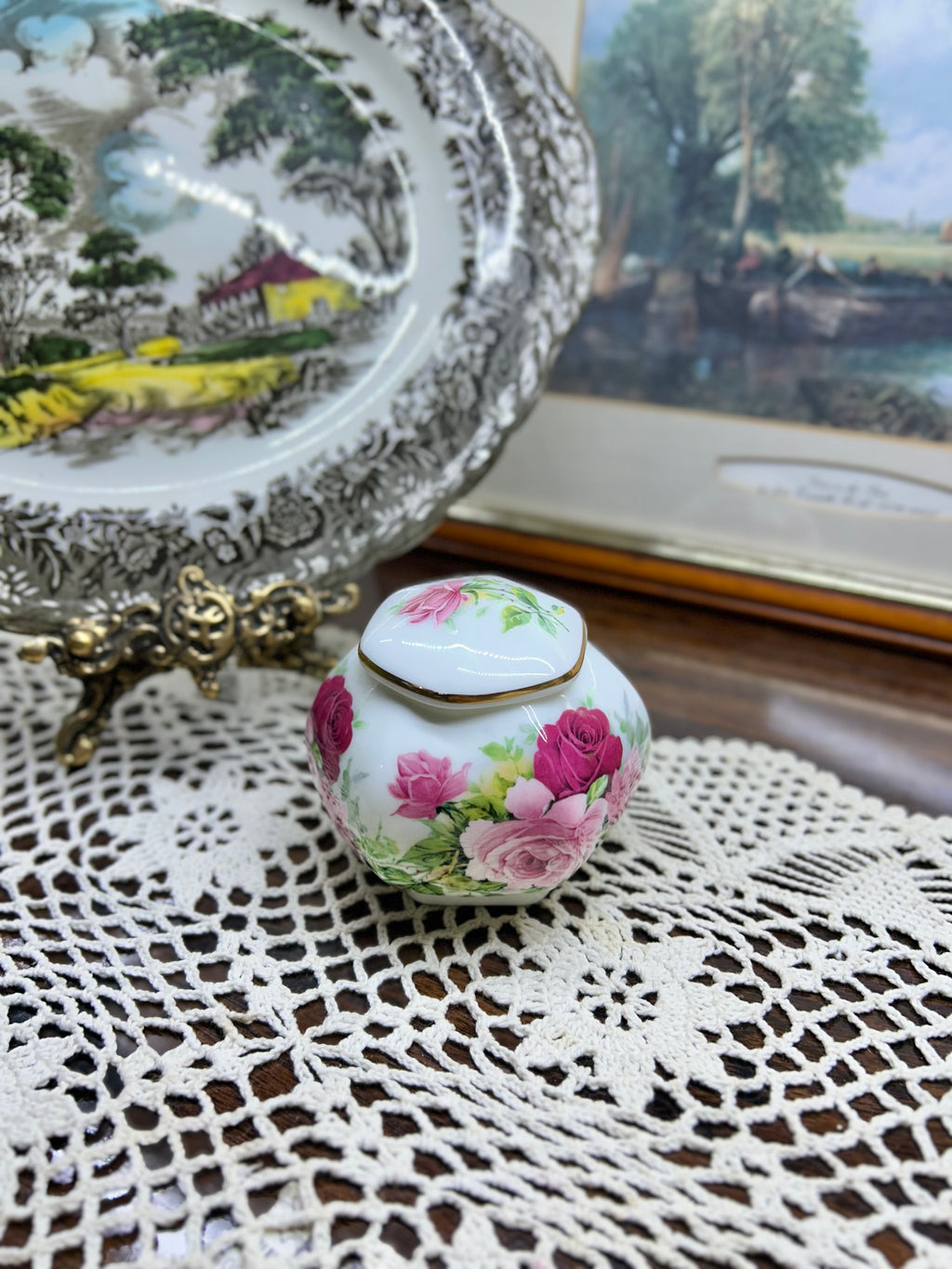 Vintage crown floral preserve pot — England