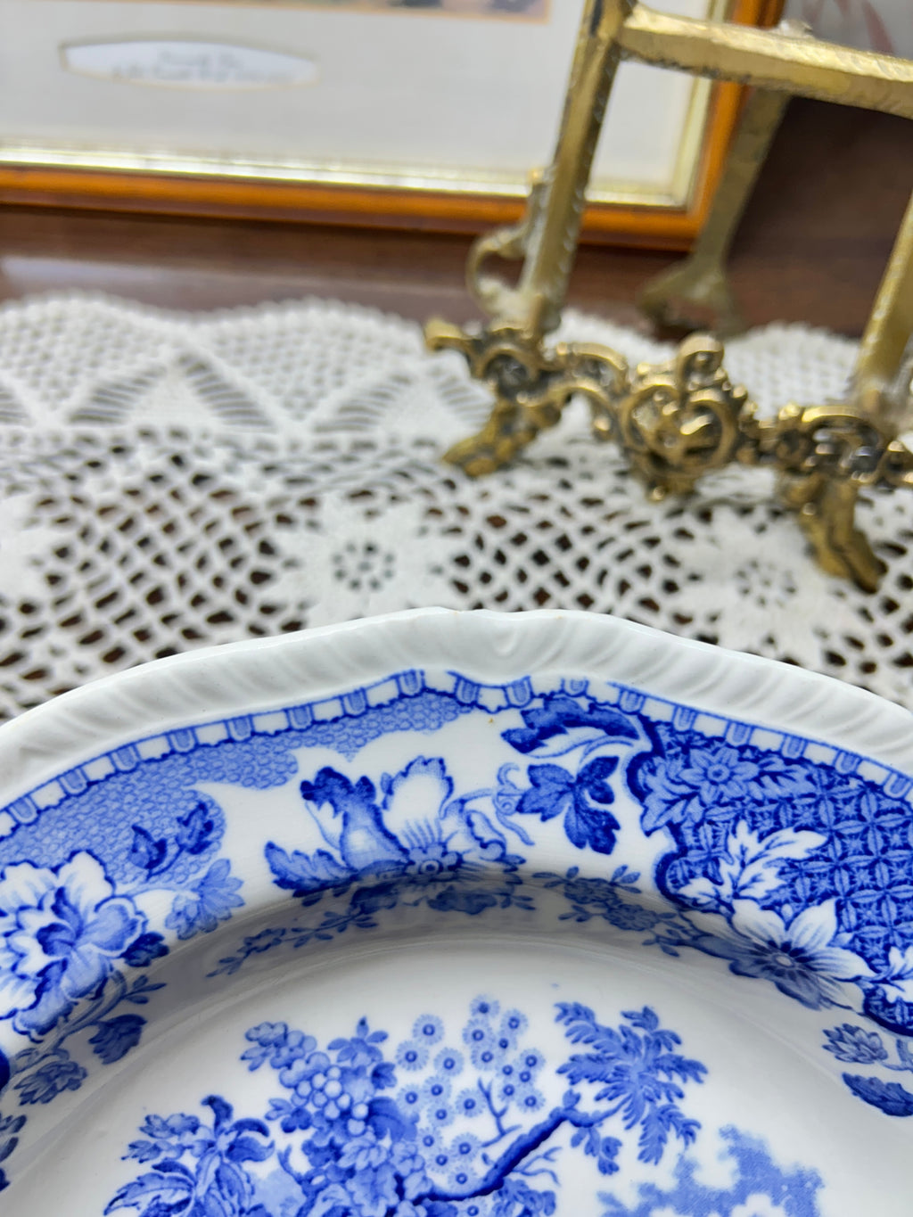 Wood & Sons Seaforth Blue and White Rimmed Soup Bowl, featuring a transferware design of oriental parks and lakes