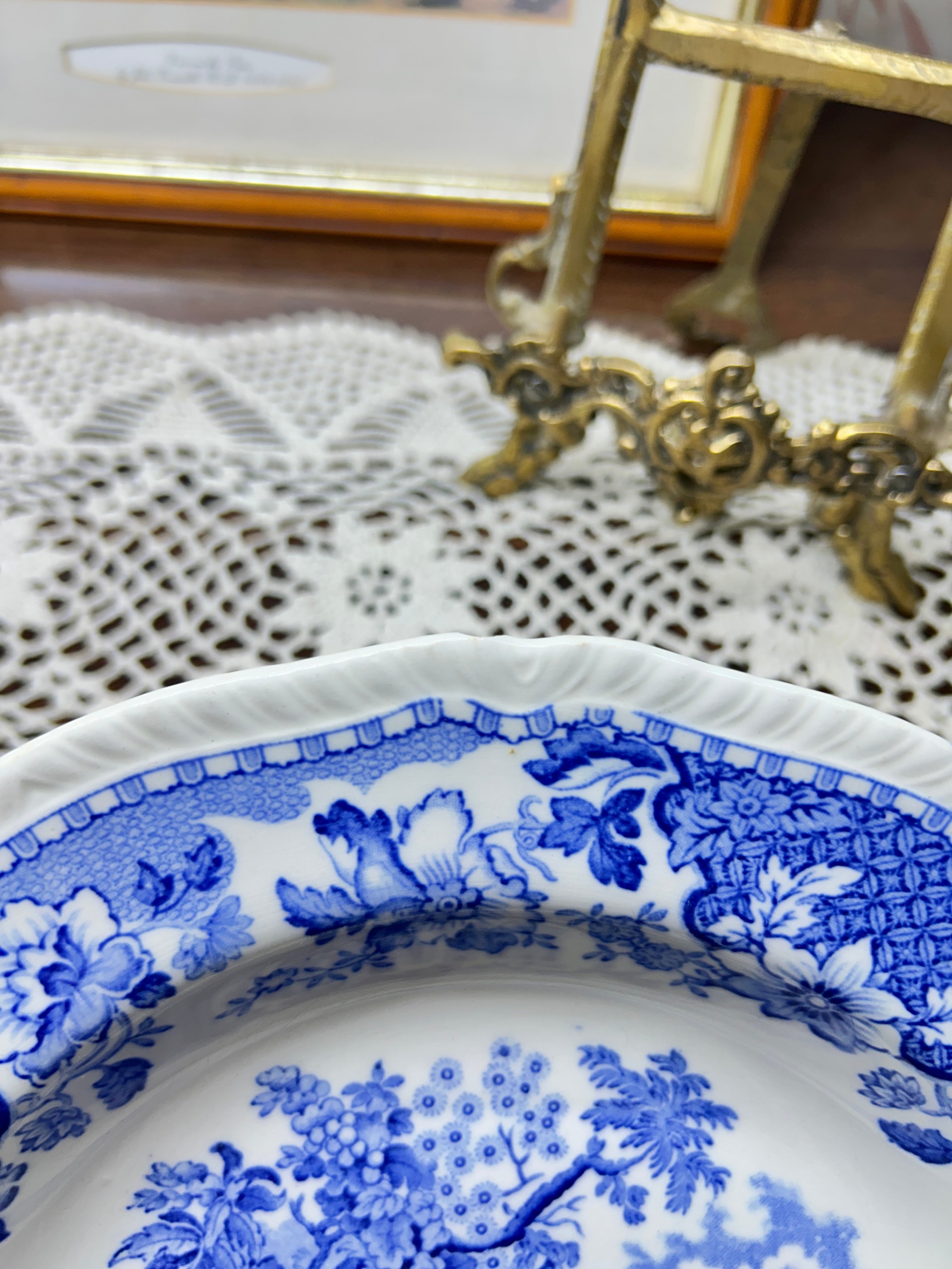 Wood & Sons Seaforth Blue and White Rimmed Soup Bowl, featuring a transferware design of oriental parks and lakes