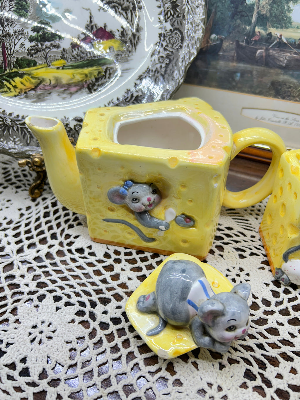 Vintage collectible hand-painted Swiss cheese tea serving set with mice figures