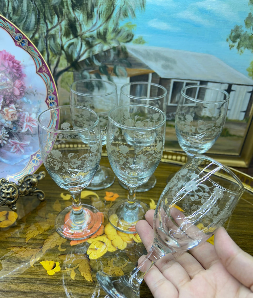 Libbey "Rose Bouquet" sherry glasses feature a delicate etched floral pattern — Set of 6