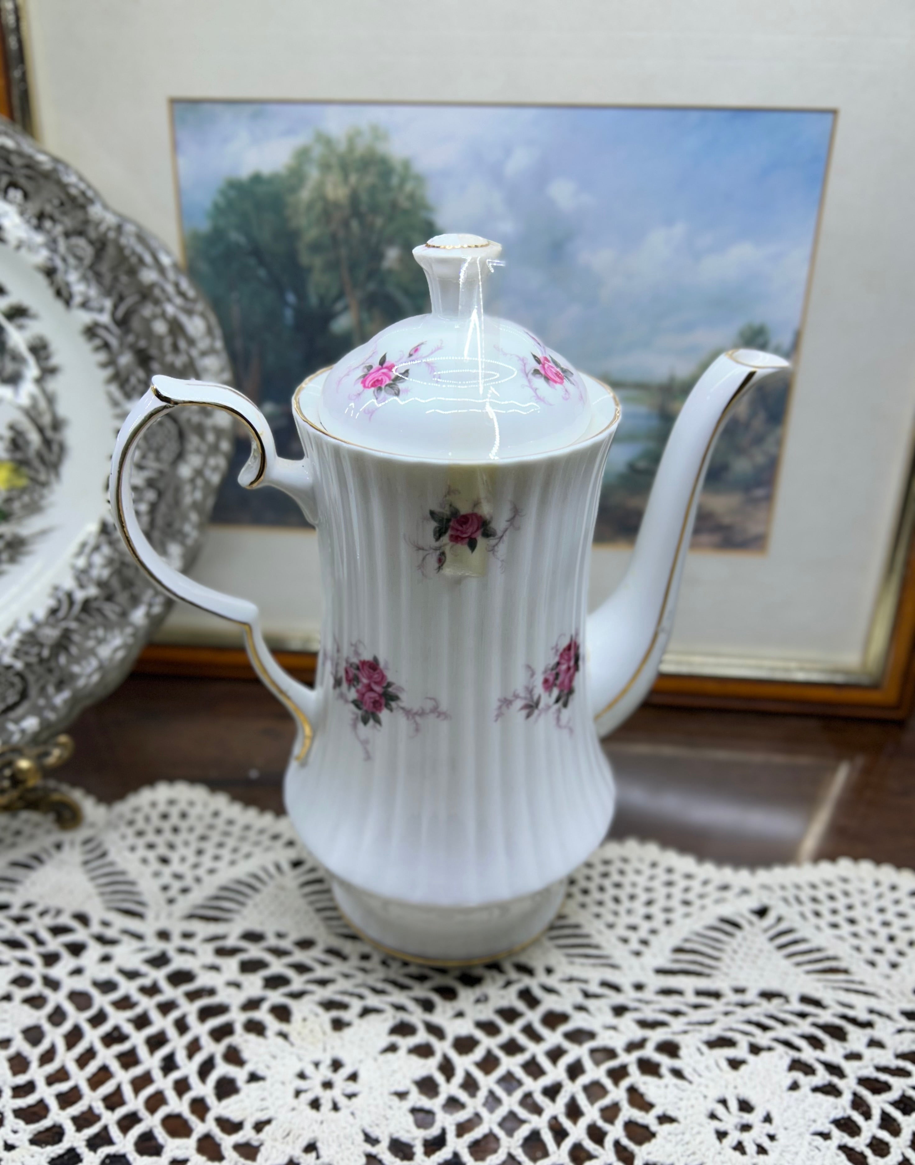 Vintage Hammersley Pink Roses Tea/Coffee Pot| Fine Bone China with Gold Trim