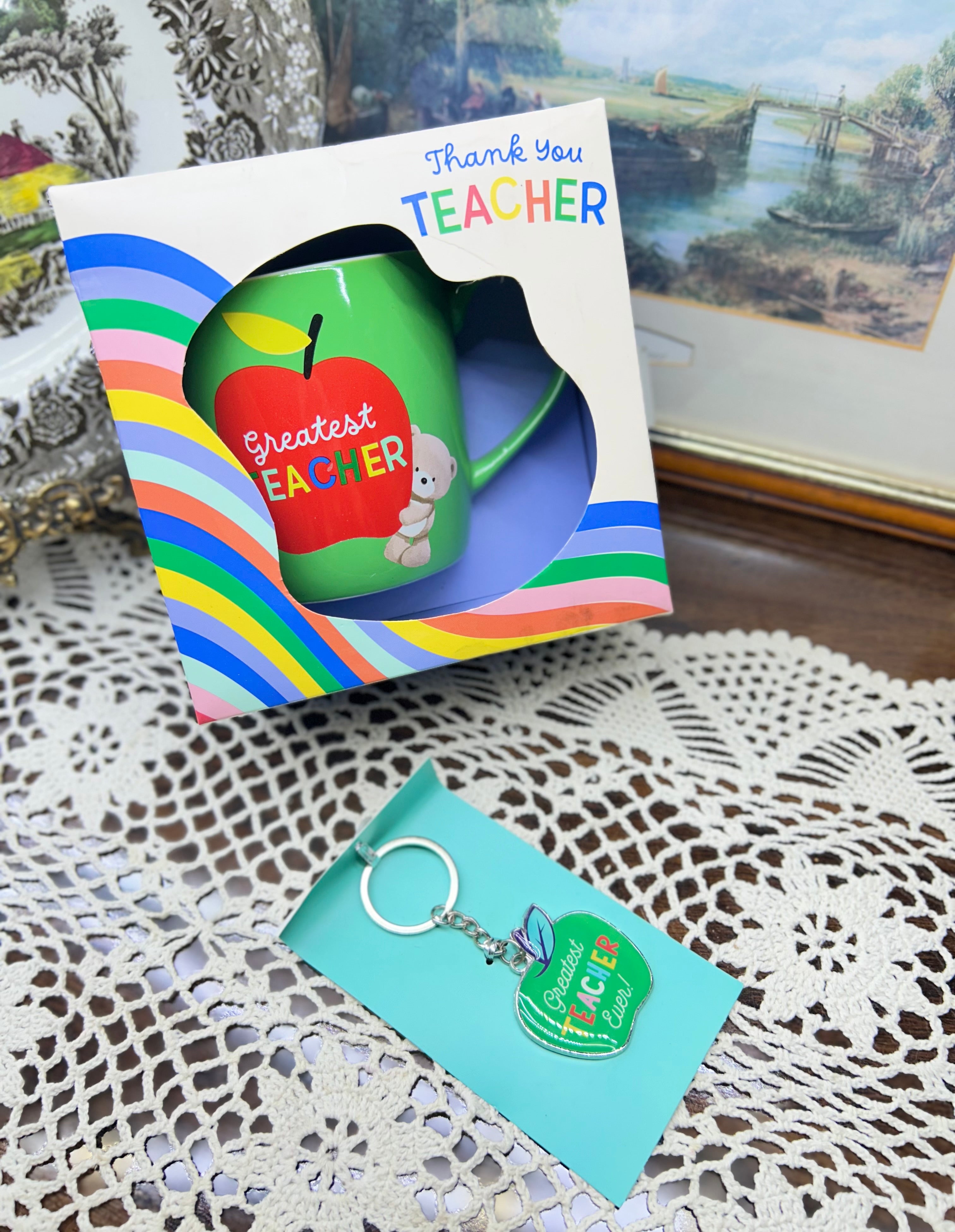 Card Factory Hugs Greatest Teacher Mug set featuring a ceramic mug & a keychain