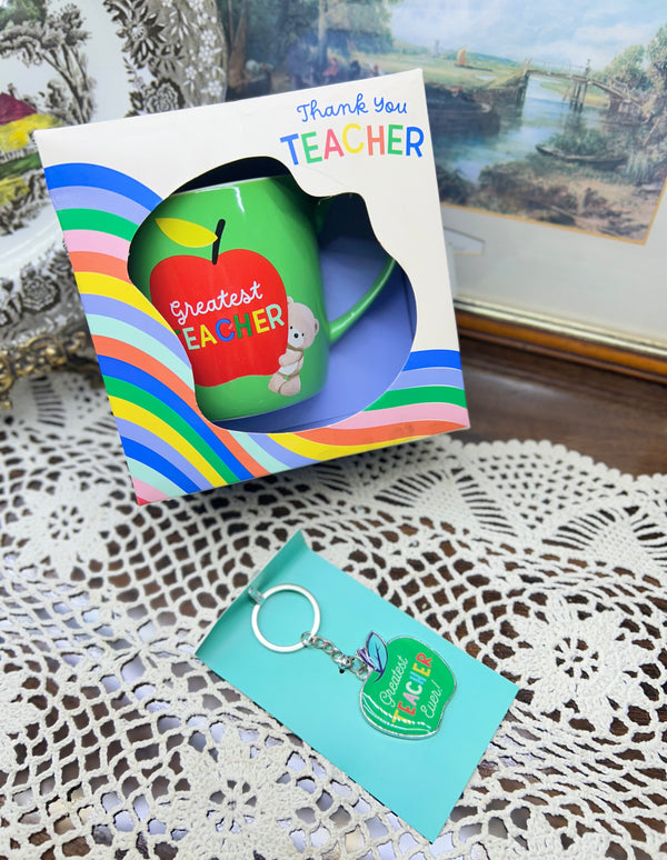 Card Factory Hugs Greatest Teacher Mug set featuring a ceramic mug & a keychain