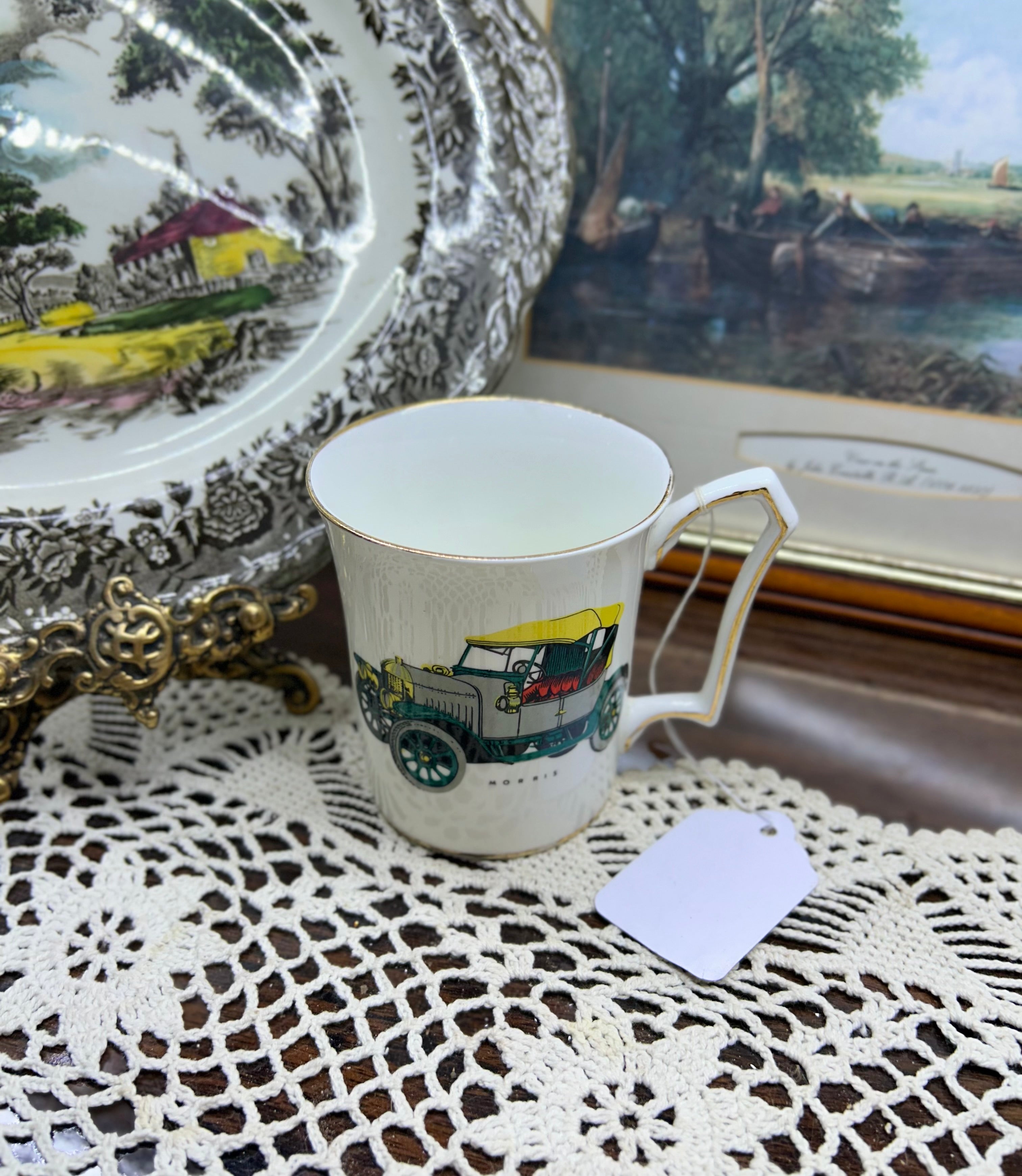 Westminster tea cup featuring a vintage Morris car — fine bone China