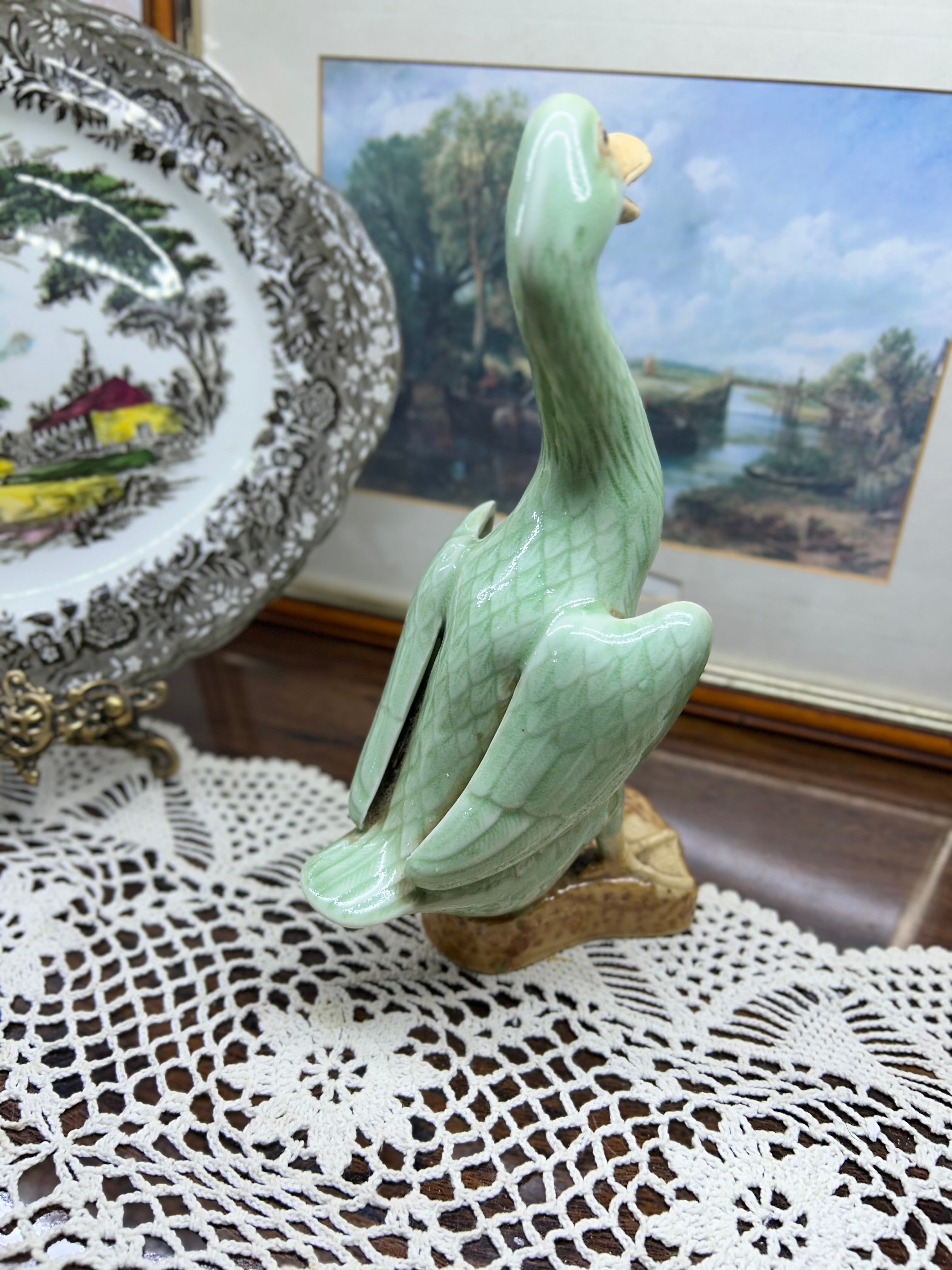 vintage Chinese celadon green glazed porcelain duck figurine