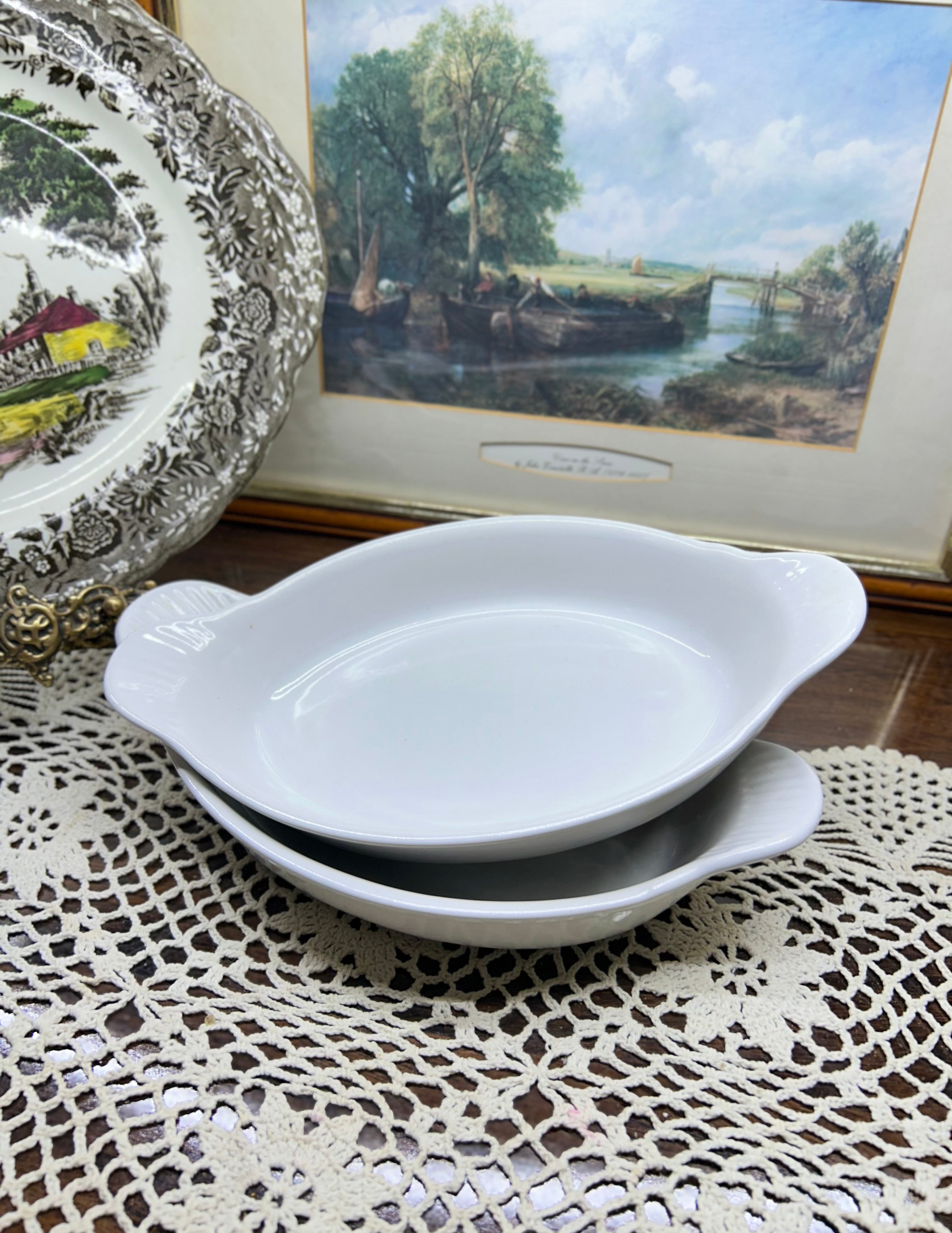 Pair of white porcelain oval porcelain au gratin dish/ french baking dishes