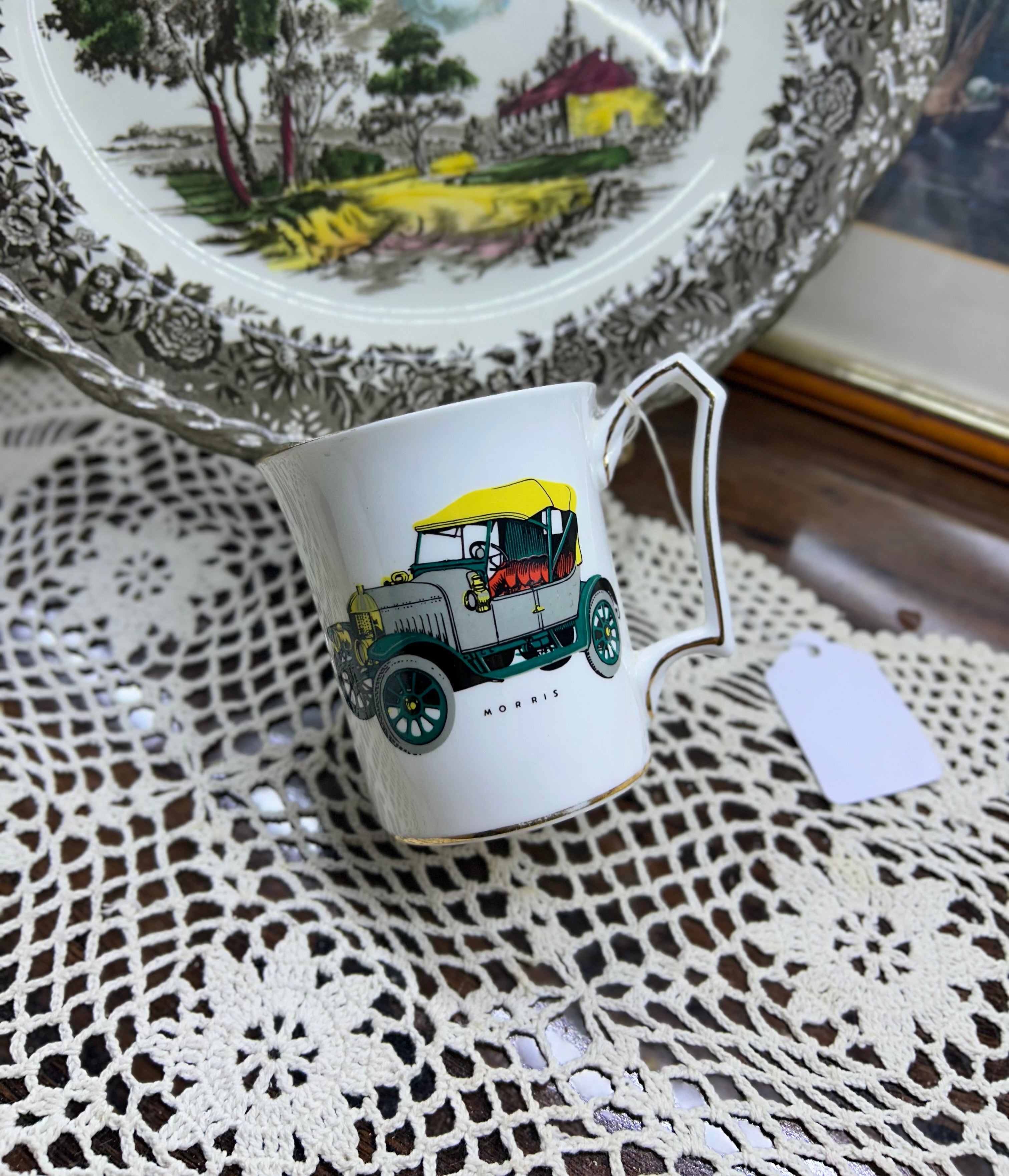 Westminster tea cup featuring a vintage Morris car — fine bone China