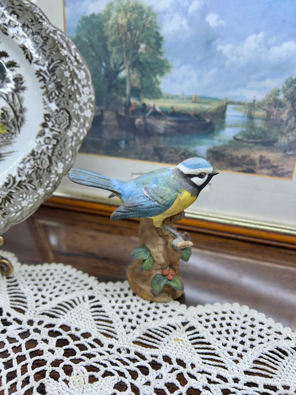 Vintage Blue tit bird figurine — handpainted ceramic