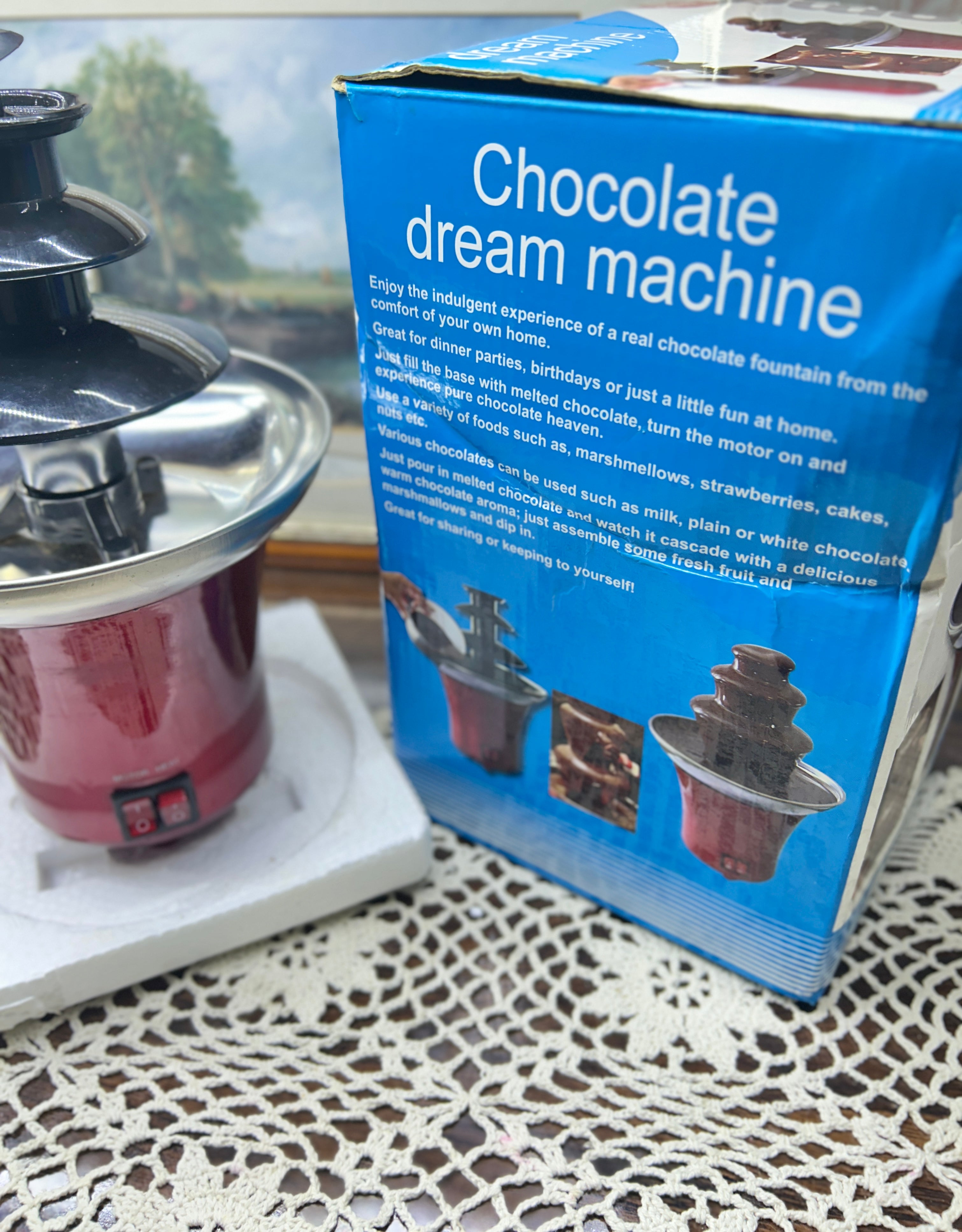 Proteam Chocolate Dream Machine, a mini electric 3-tier fondue fountain designed for dipping fruits and treats — boxed