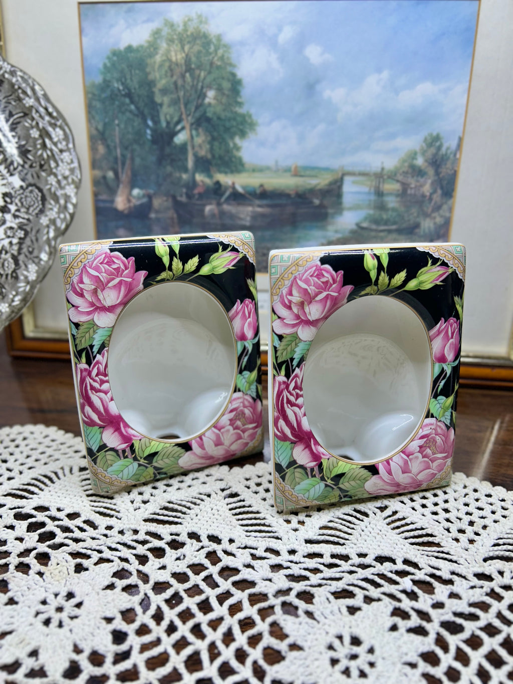 Vintage Lefton China porcelain picture frames with a hand-painted pink rose design — Set of 2 JAPAN