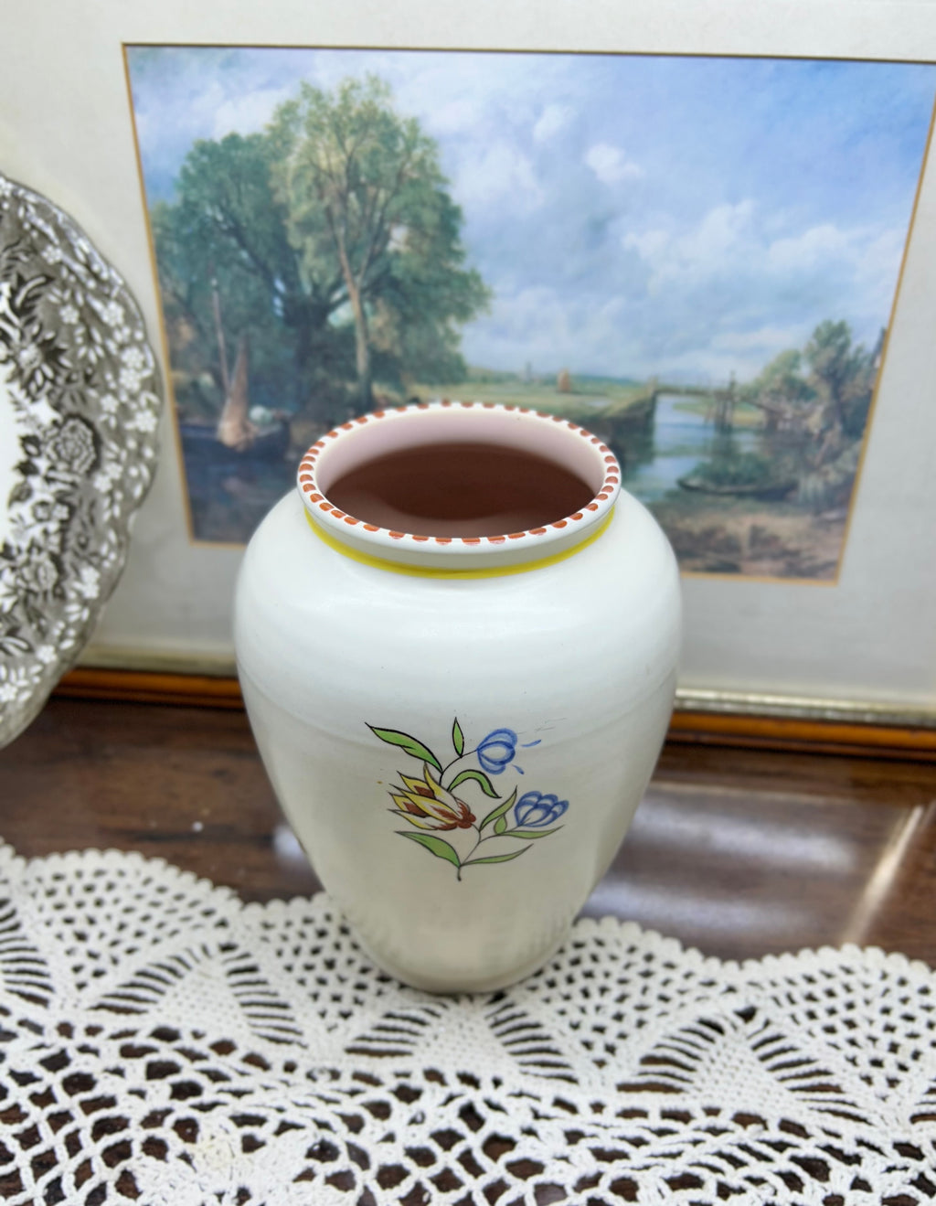 Vintage hand-painted porcelain decorative vase with a floral design — 7”