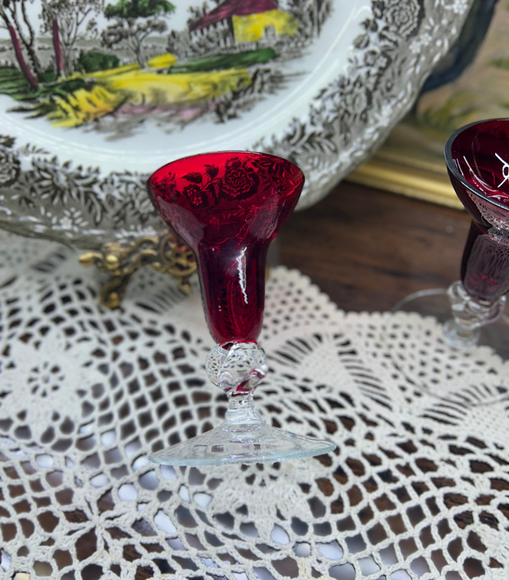 Rare RUBY RED art deco glass candle holders — pair