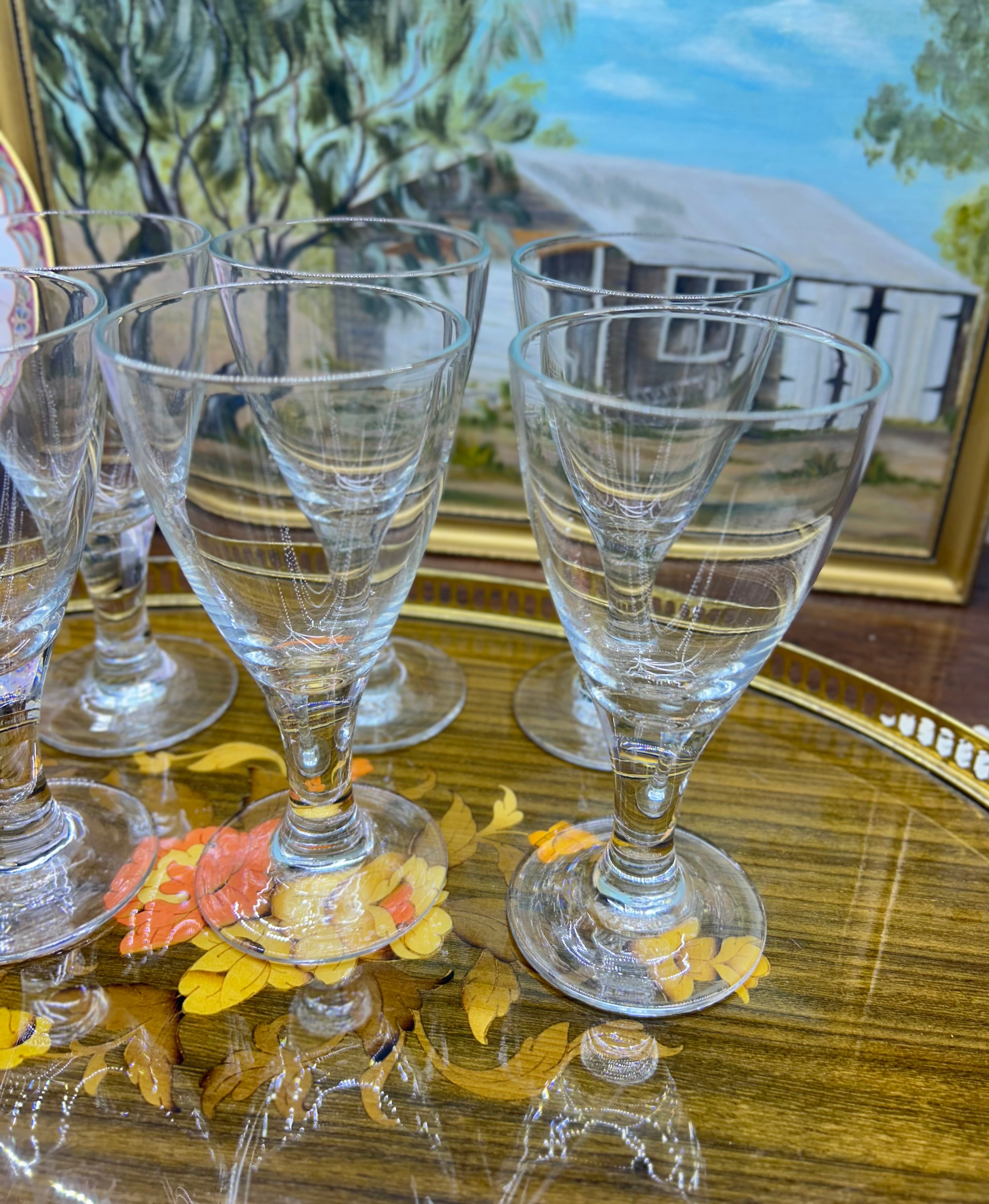 Vintage Fostoria stemware glasses with a distant teardrop bubble in the stem — Set of 6