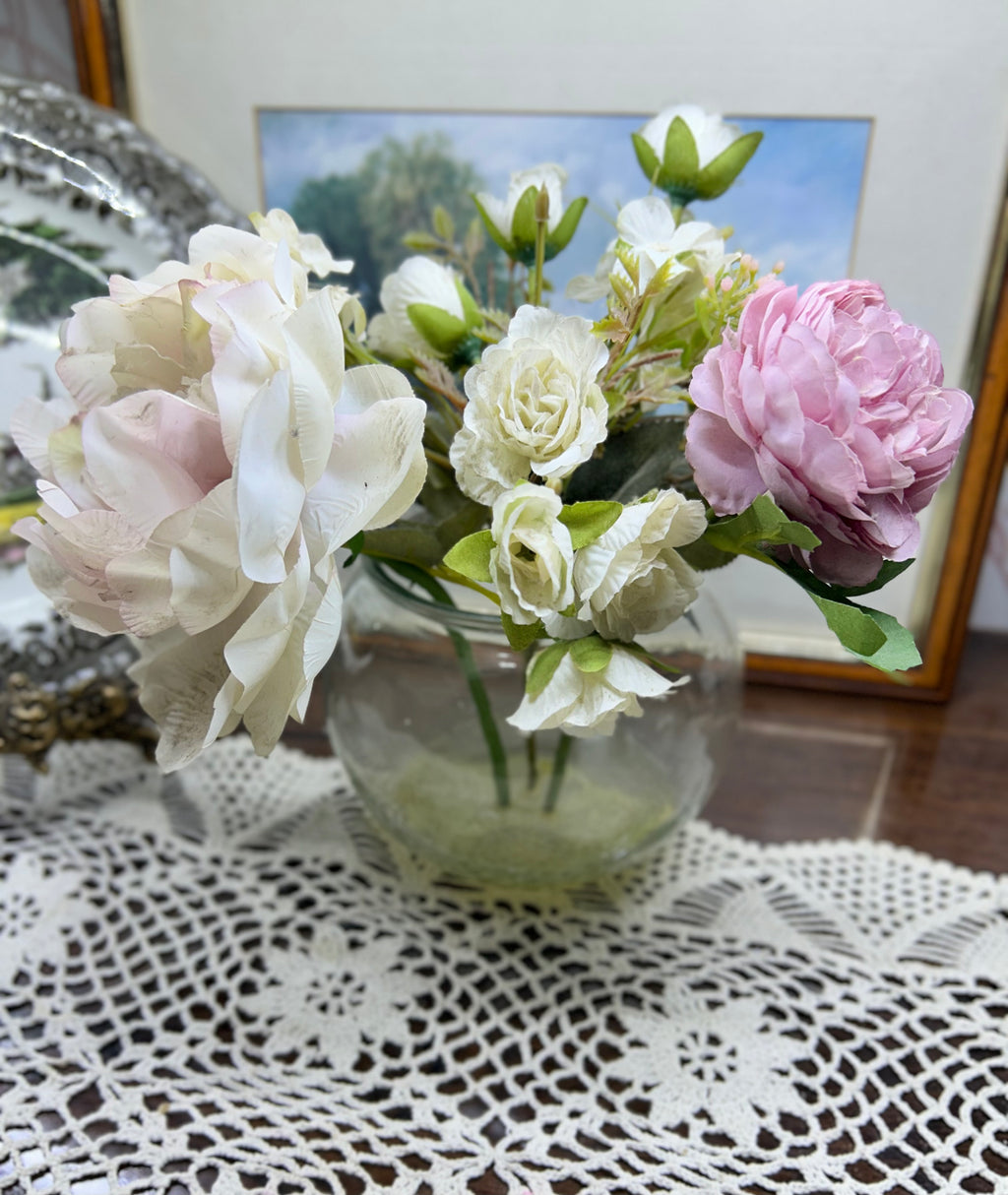 Decorative faux pink peonies & roses arrangement in gel glass vase