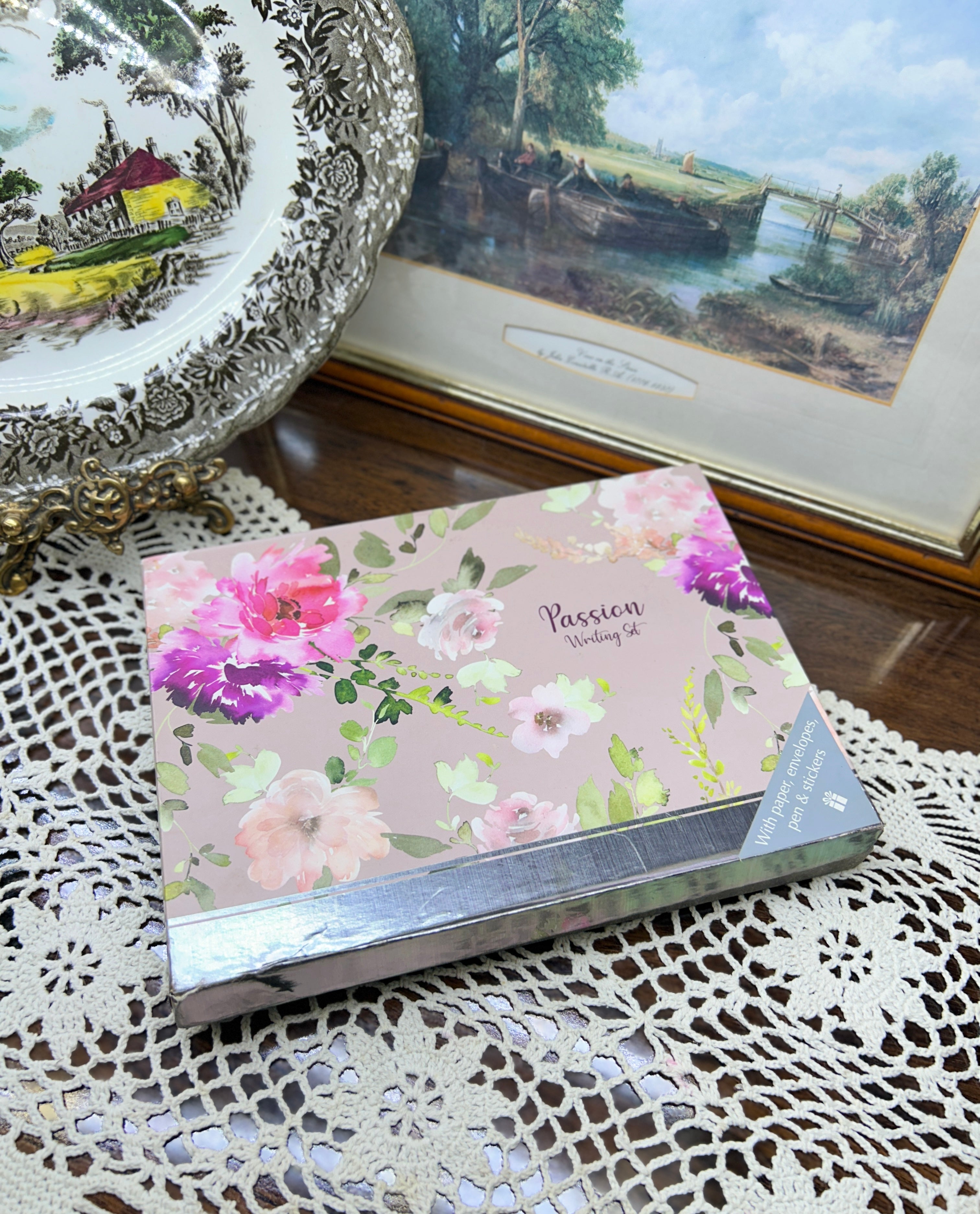 Paragon "Passion" writing set featuring a floral design on a pink background — boxed
