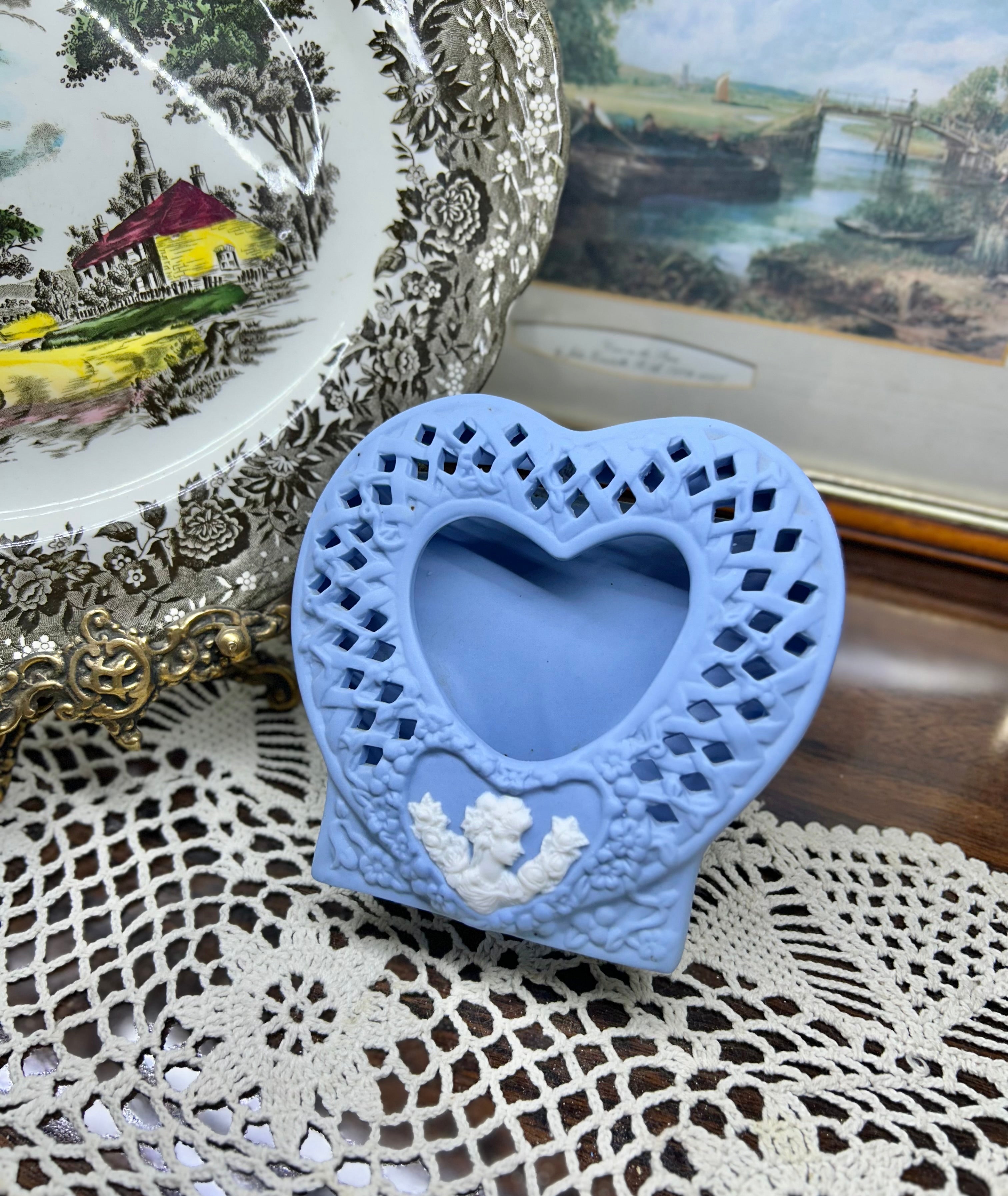 Wedgwood style cameo blue and white lady with roses heart shaped photo frame