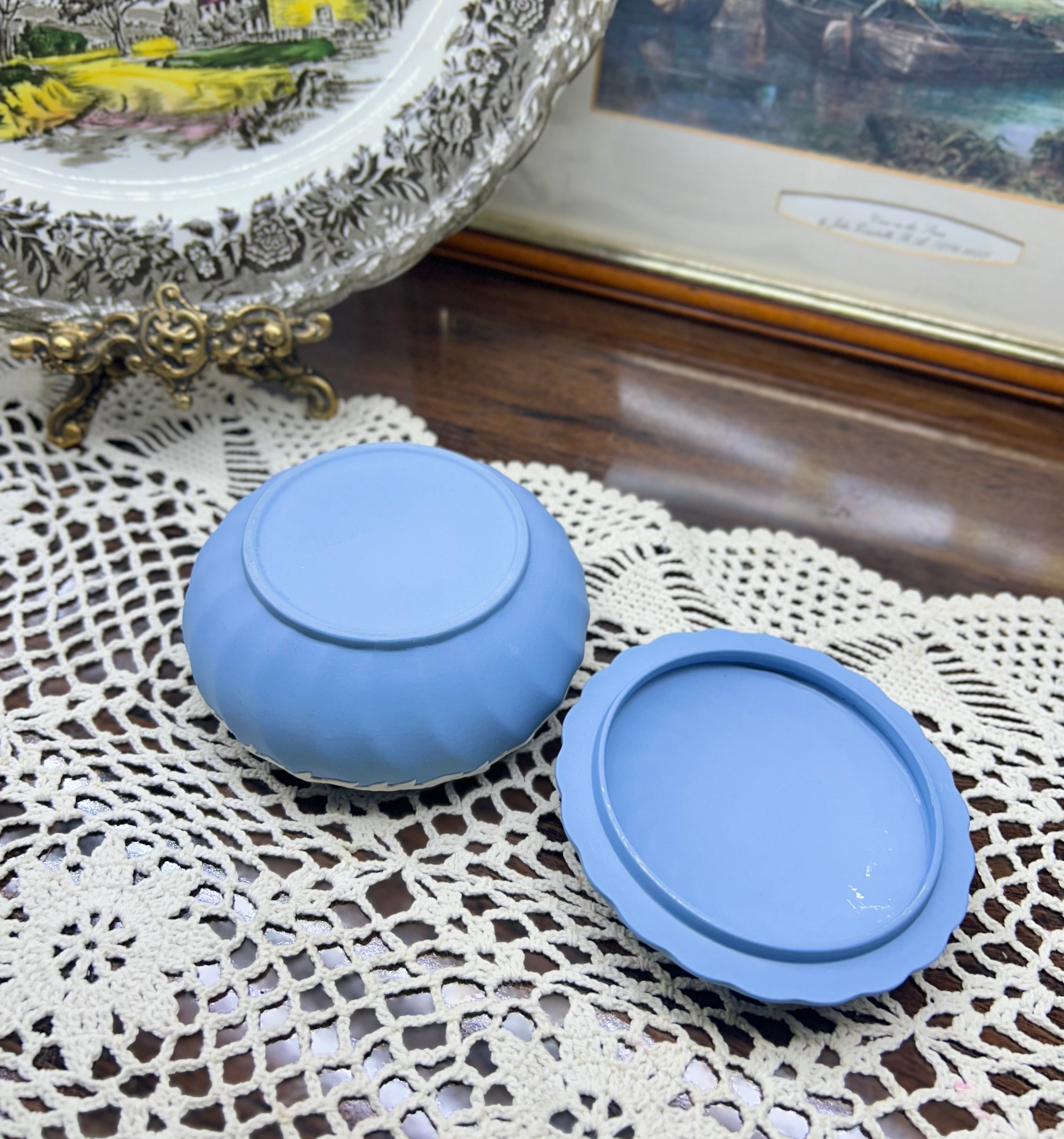 Wedgwood Blue Jasperware lidded trinket box — featuring white bas-relief floral garland