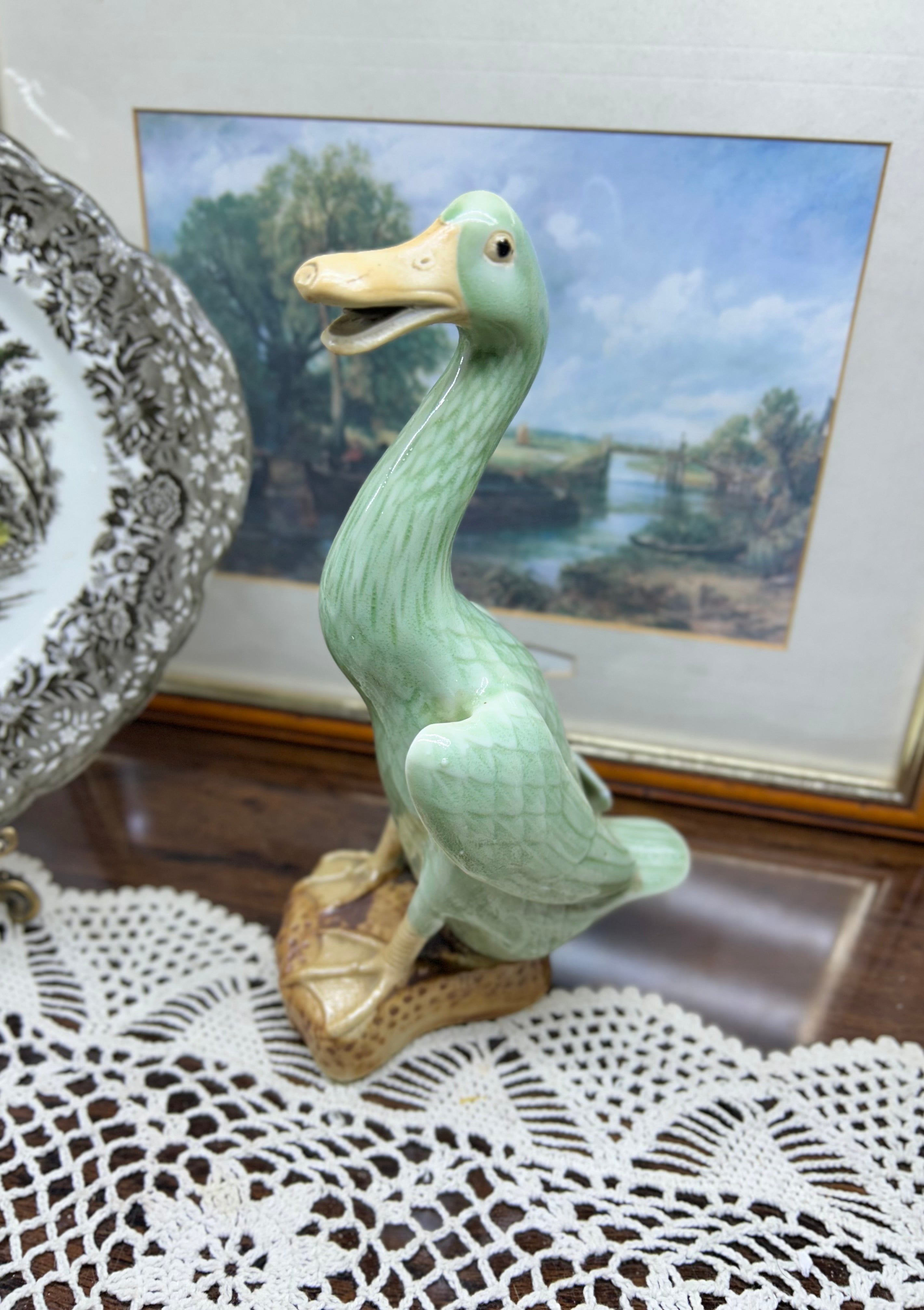 vintage Chinese celadon green glazed porcelain duck figurine