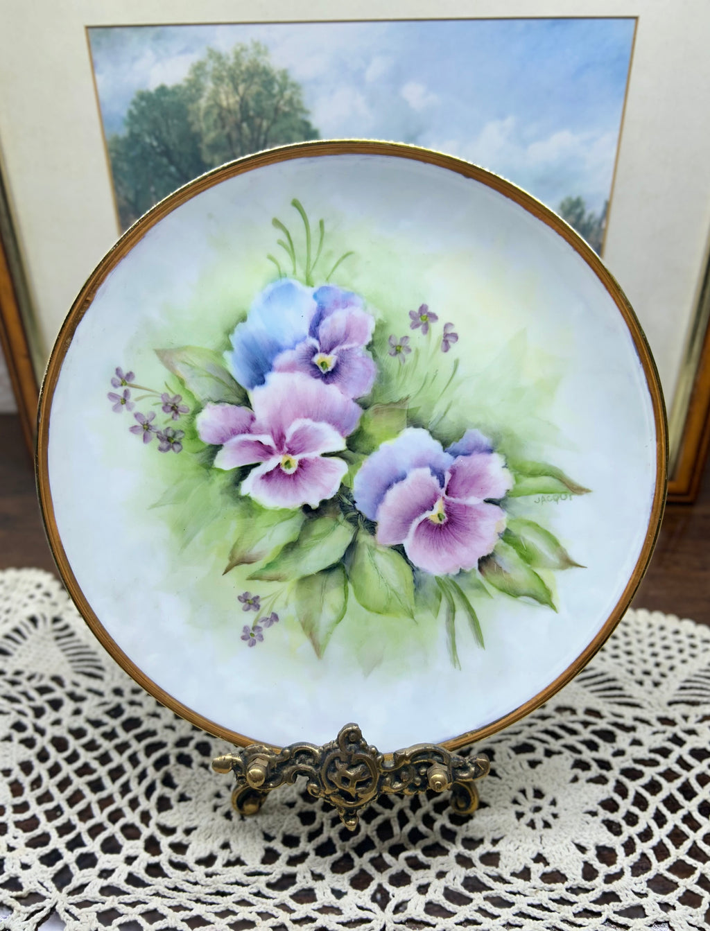 Vintage hand-painted purple pansies wall plate, signed by artist S. Roberts 1993