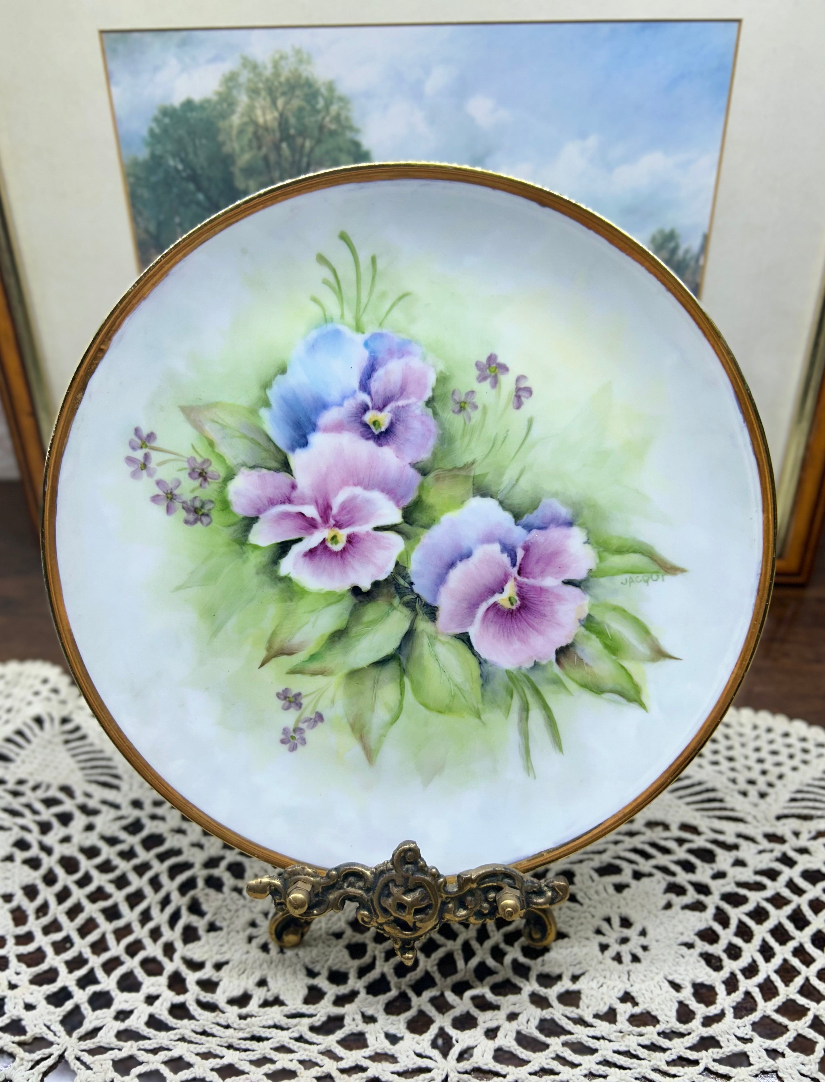 Vintage hand-painted purple pansies wall plate, signed by artist S. Roberts 1993