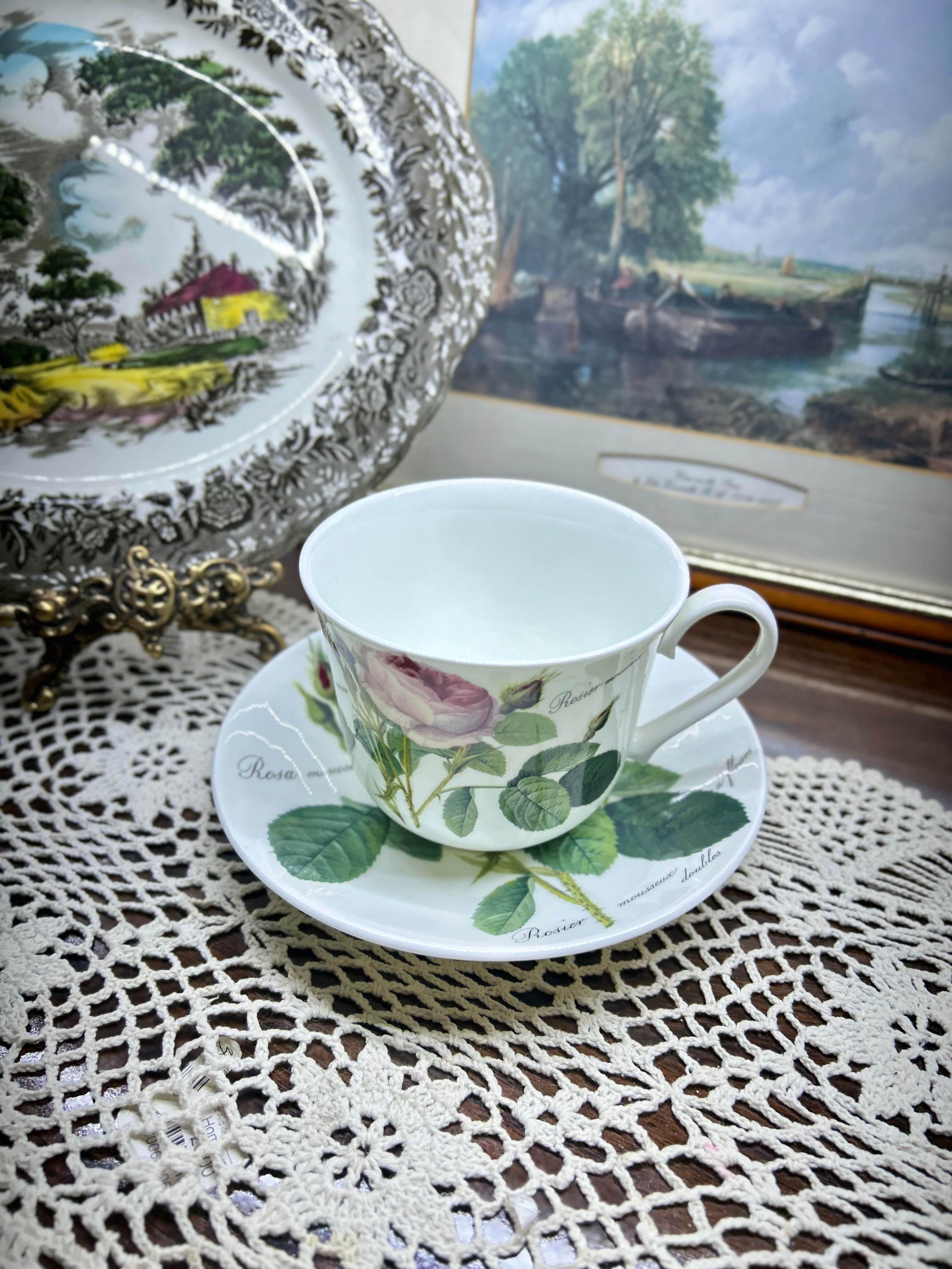 Vintage Roy Kirkham “Redouté Roses” Large Pink Moss Rose Teacup & Saucer— England