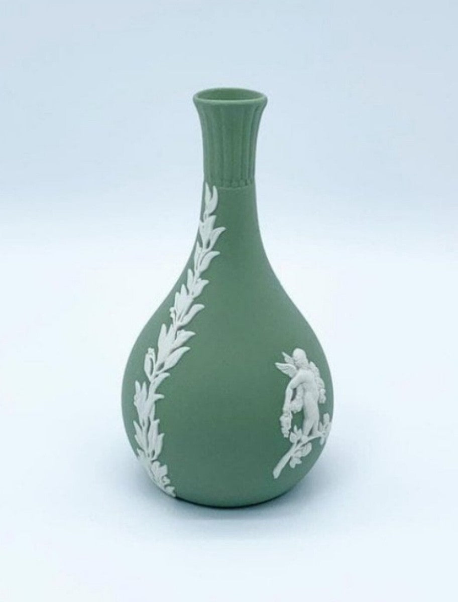 Vintage Wedgwood Jasperware Bud Vase Sage Green w Cherub & Floral Design 5”