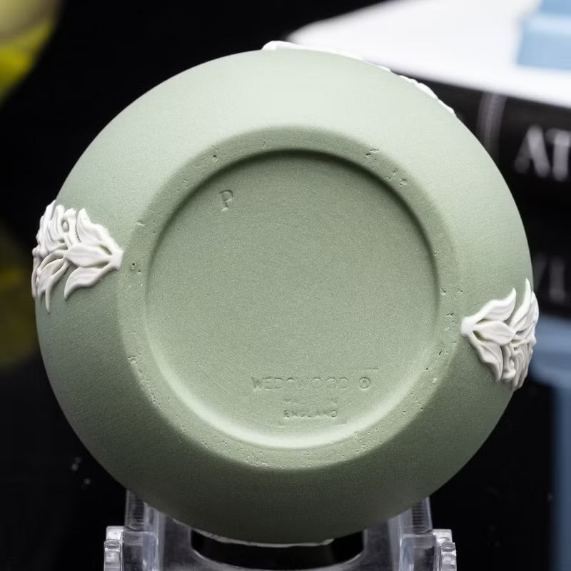 Vintage Wedgwood Jasperware Bud Vase Sage Green w Cherub & Floral Design 5”