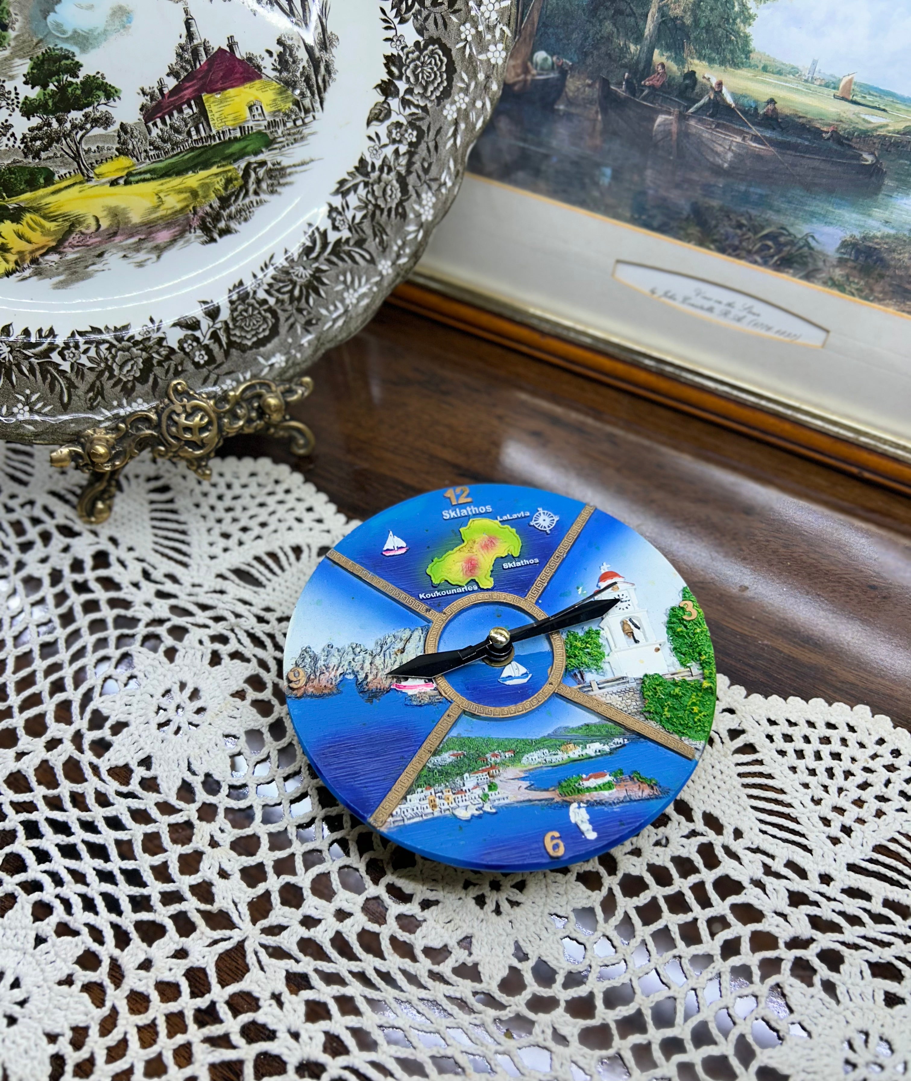 Vintage hand-painted Greek resin Skiathos island clock 5”
