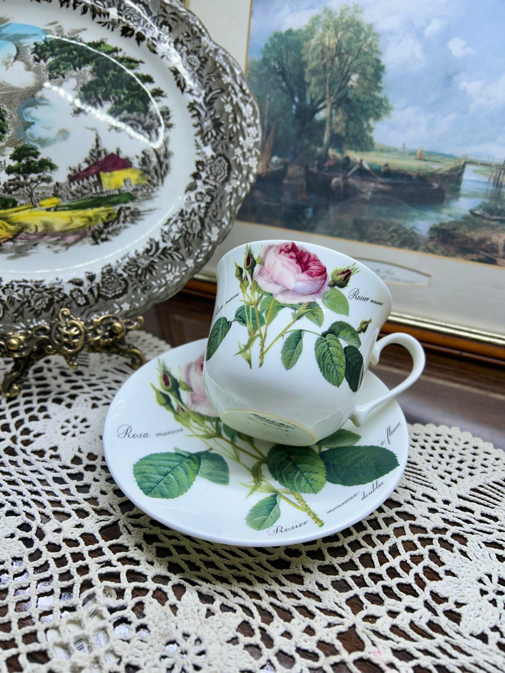 Vintage Roy Kirkham “Redouté Roses” Large Pink Moss Rose Teacup & Saucer— England