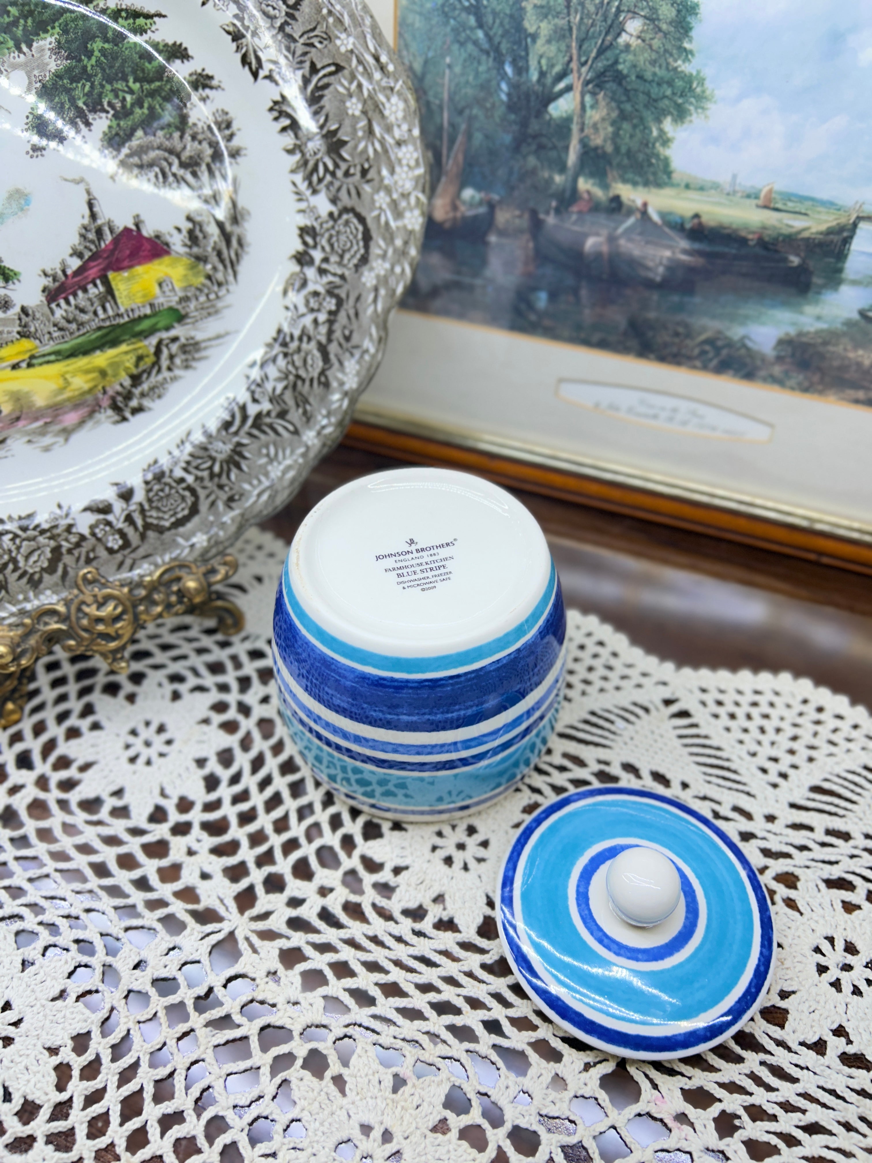 Johnson brothers “Farmhouse” hand-painted blue stripe pattern jar