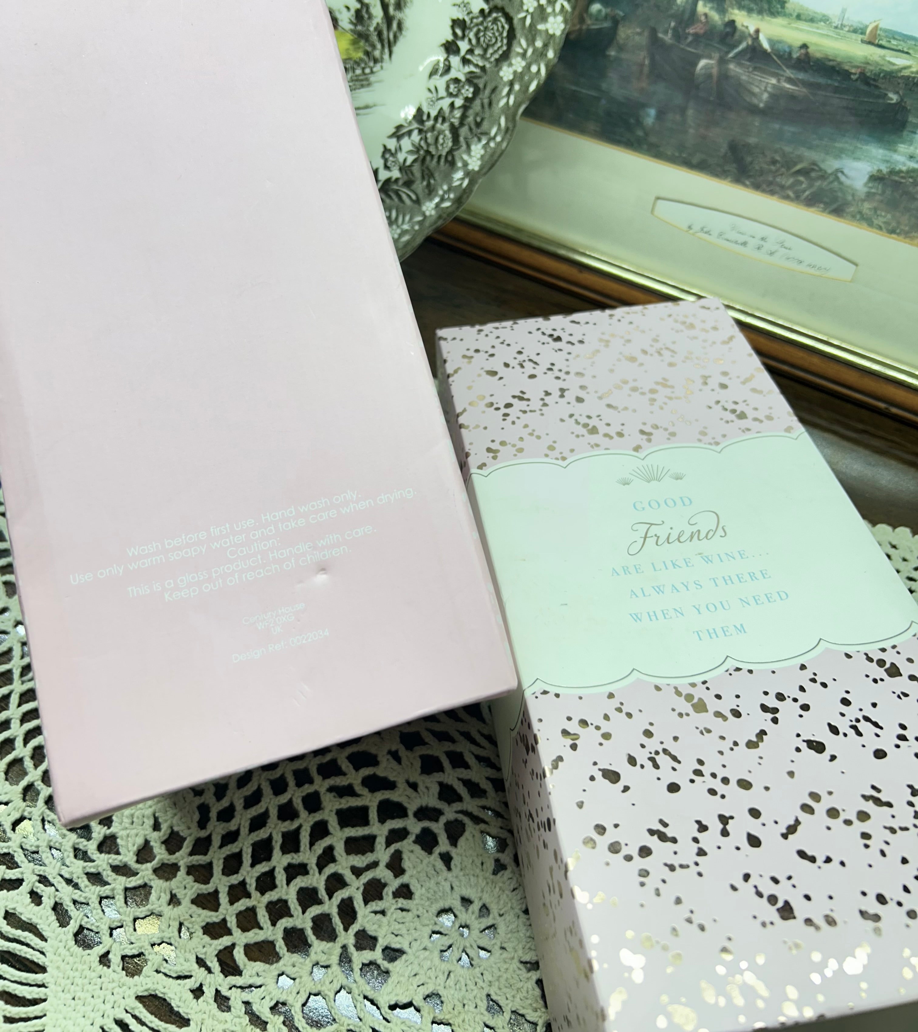 Card Factory "Fabulous Friend" wine glass features an iridescent tint and a matching gift box