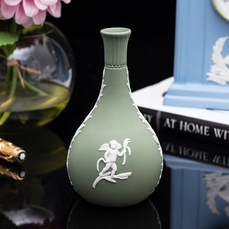 Vintage Wedgwood Jasperware Bud Vase Sage Green w Cherub & Floral Design 5”