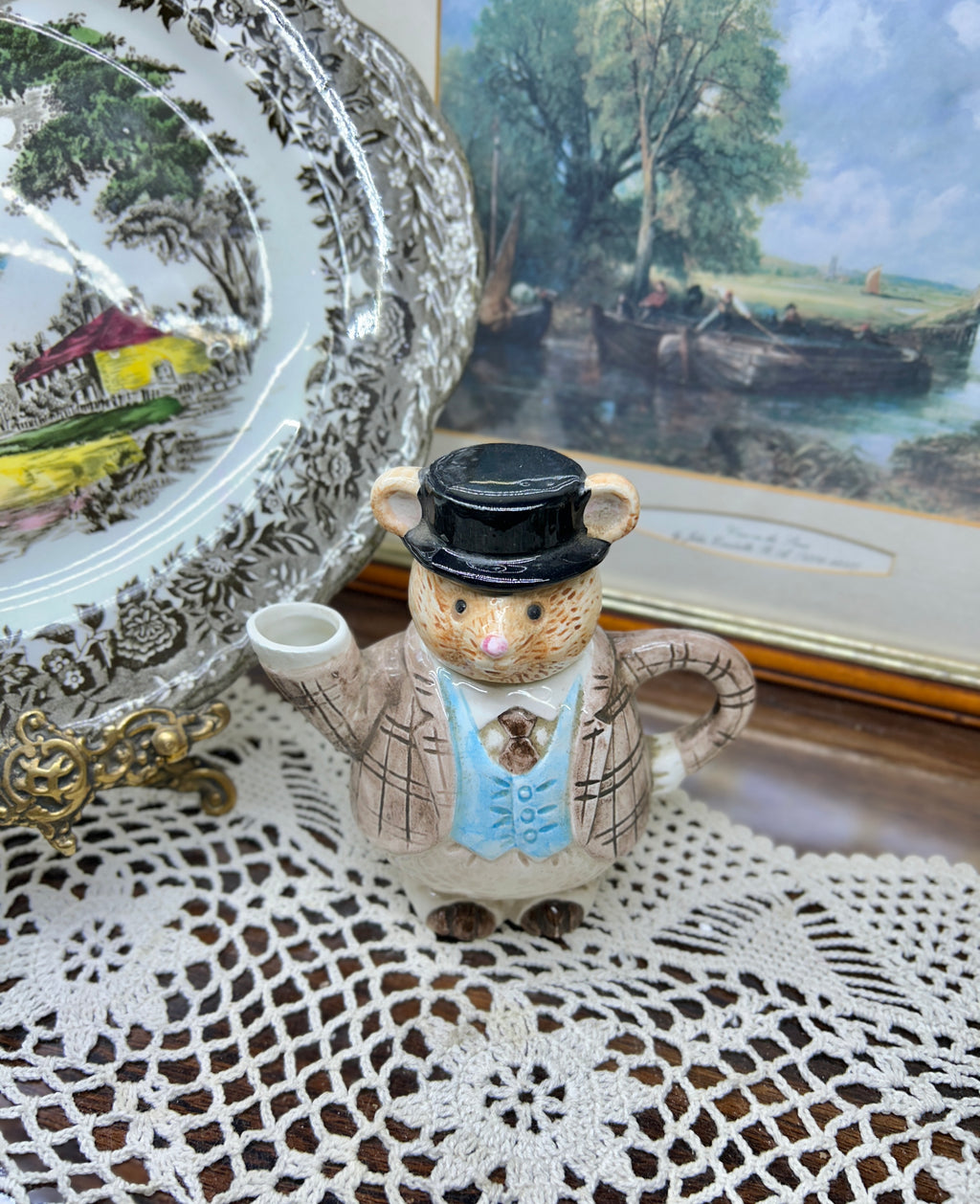 Vintage Novelty Decorative Teapot “MR MOUSE” in Top Hat Suit and Tie