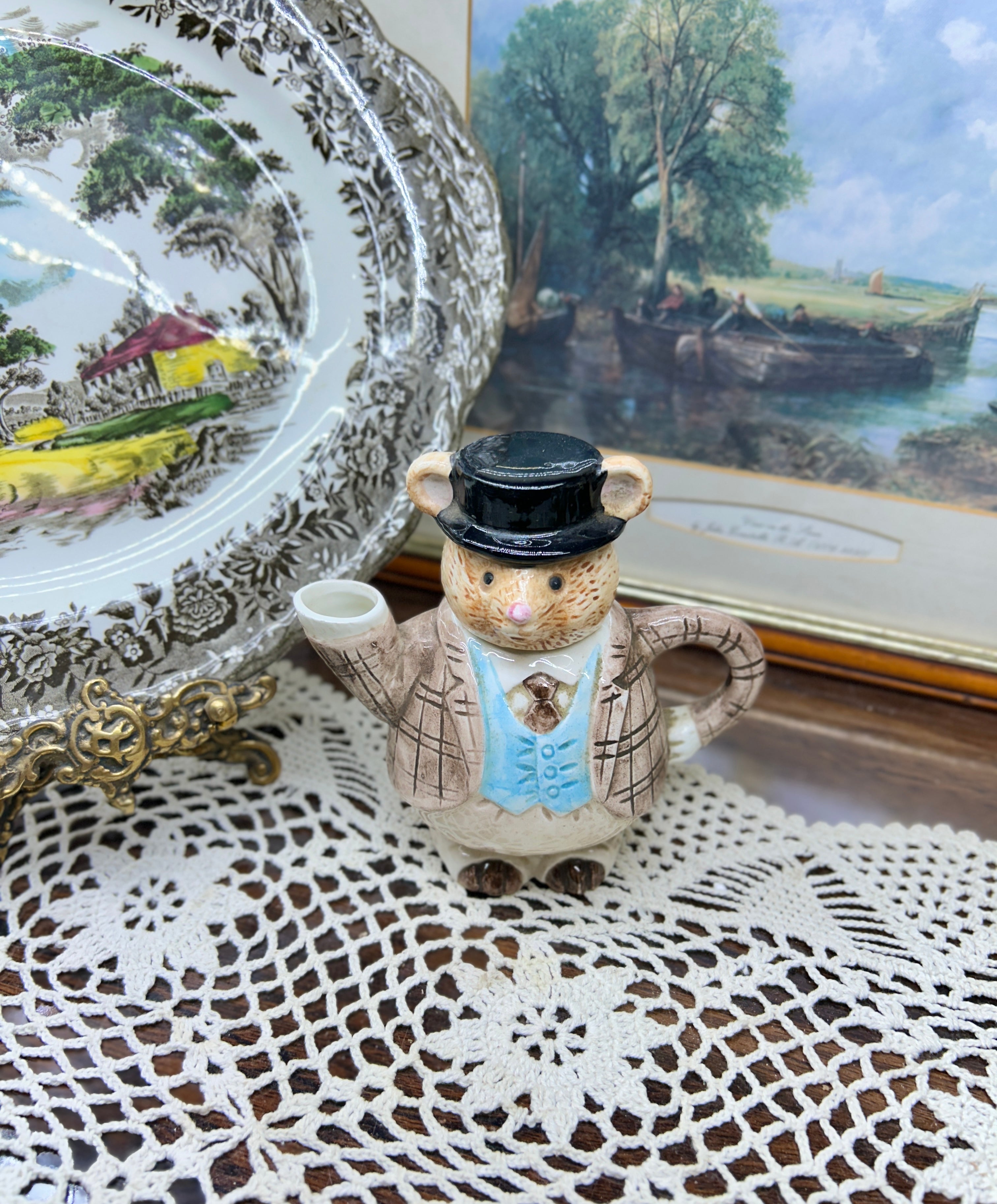 Vintage Novelty Decorative Teapot “MR MOUSE” in Top Hat Suit and Tie