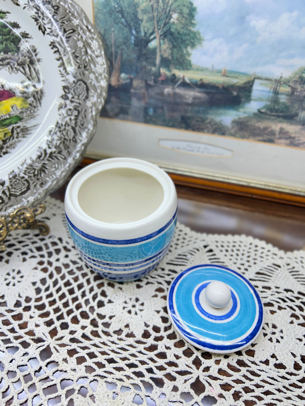 Johnson brothers “Farmhouse” hand-painted blue stripe pattern jar
