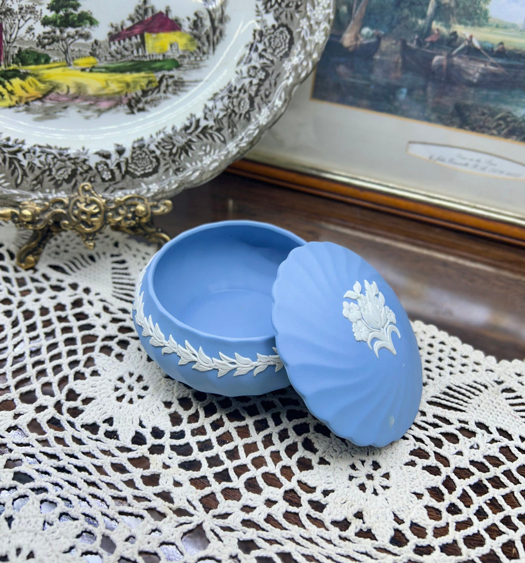Wedgwood Blue Jasperware lidded trinket box — featuring white bas-relief floral garland