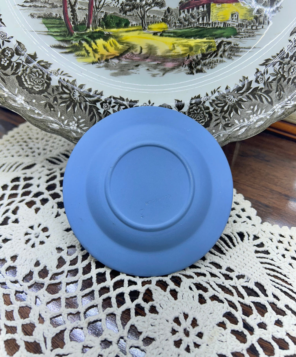 Wedgwood Jasperware round trrinket in pale blue with white relief decoration