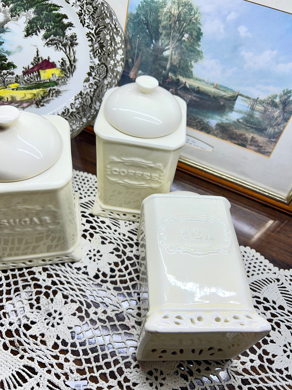 Vintage French style white ceramic canisters with embossed labels and cut-out bases — SET OF 3