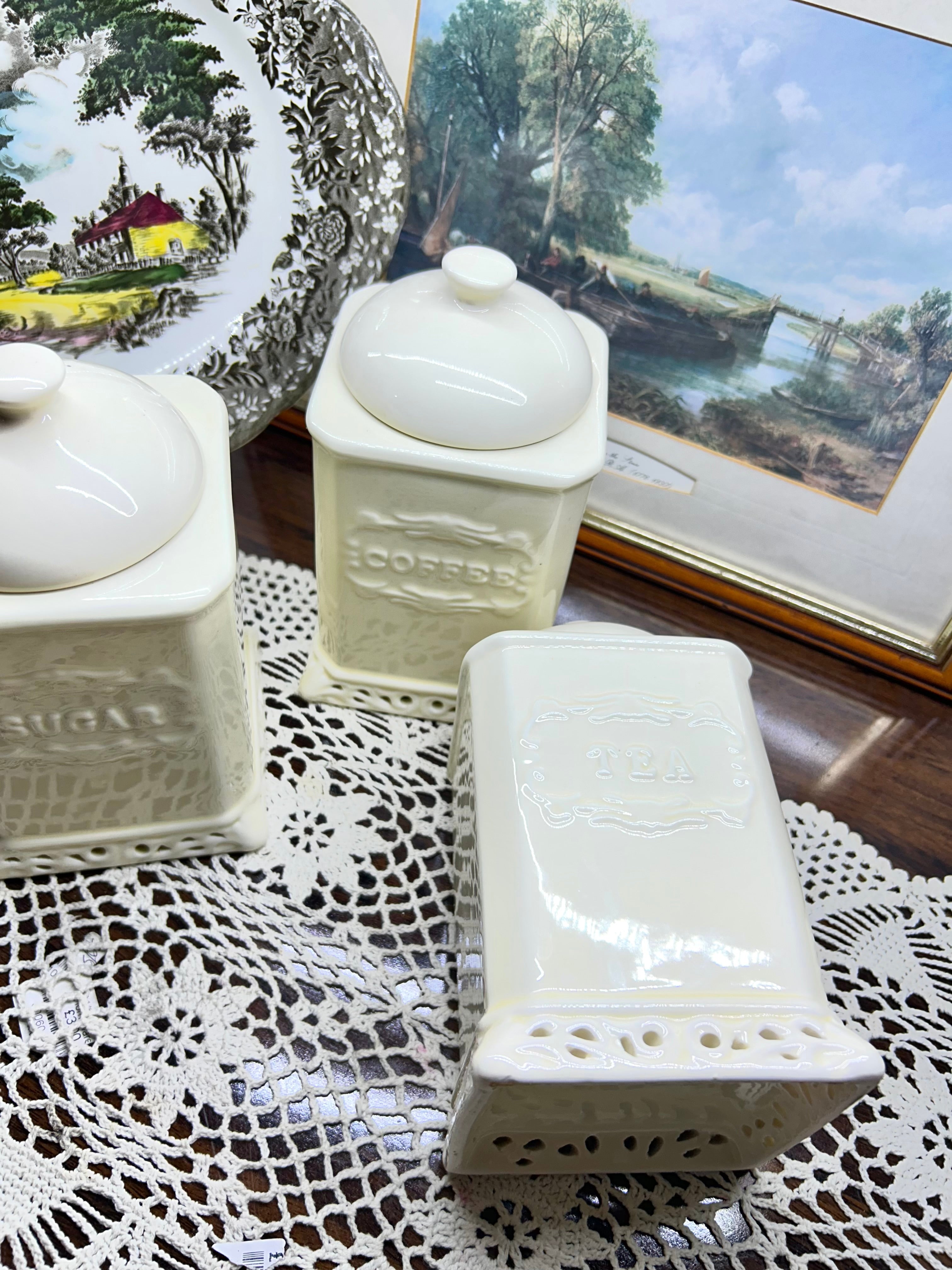 Vintage French style white ceramic canisters with embossed labels and cut-out bases — SET OF 3