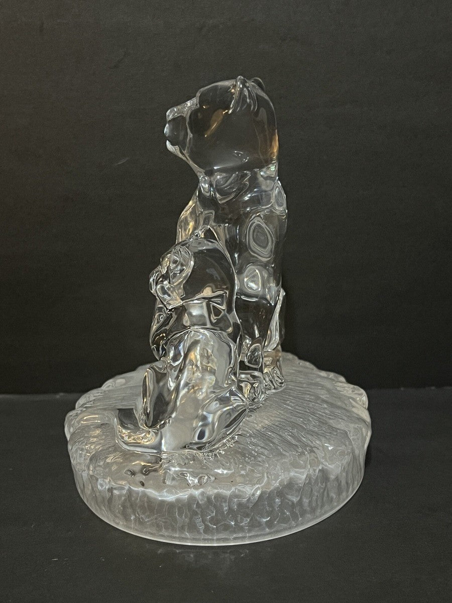 vintage RCR Royal Crystal Rock figurine featuring a clear crystal lioness and cub resting — 6”