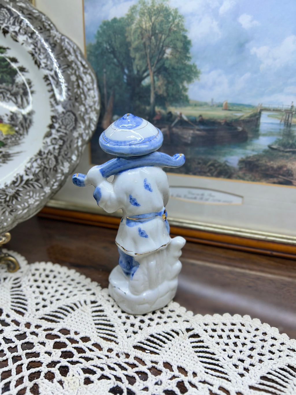Vintage Blue and White Porcelain Chinese Fisherman figurine
