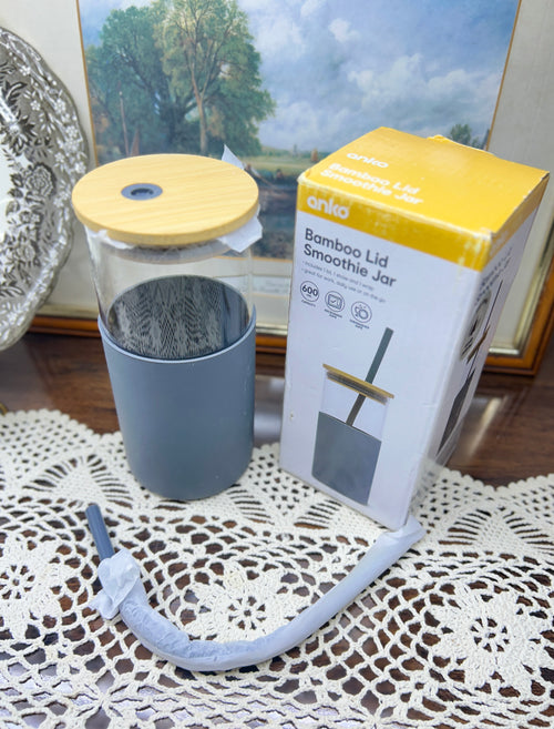 Anko Bamboo Lid Smoothie Jar features a 600 mL capacity with a silicone sleeve -1 boxed
