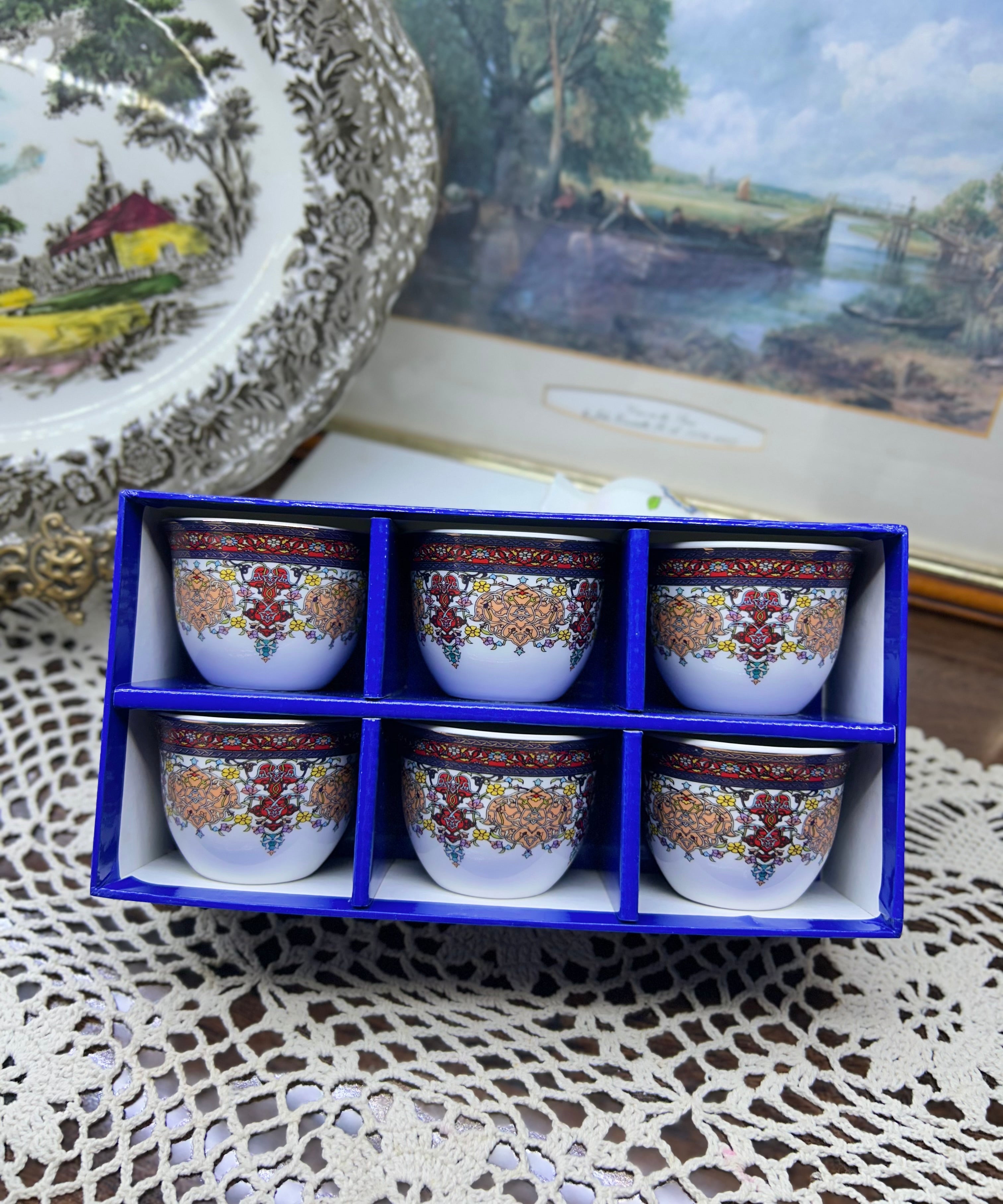 Dukkani Istanbul porcelain coffee cups featuring intricate colorful patterns — Set of 6