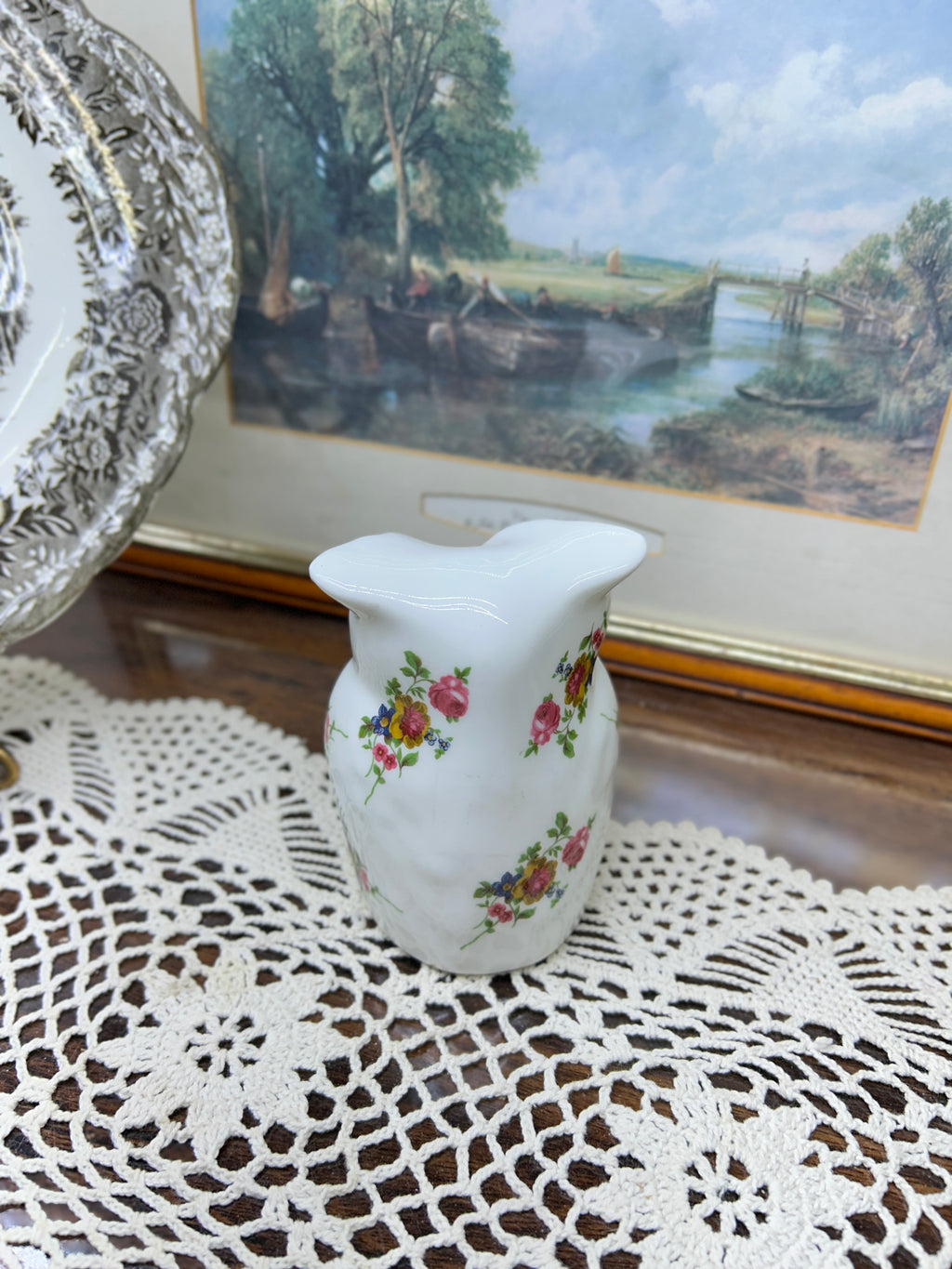 Crown Staffordshire owl ornament features a "Cottage Garden" floral pattern and gold accents — England