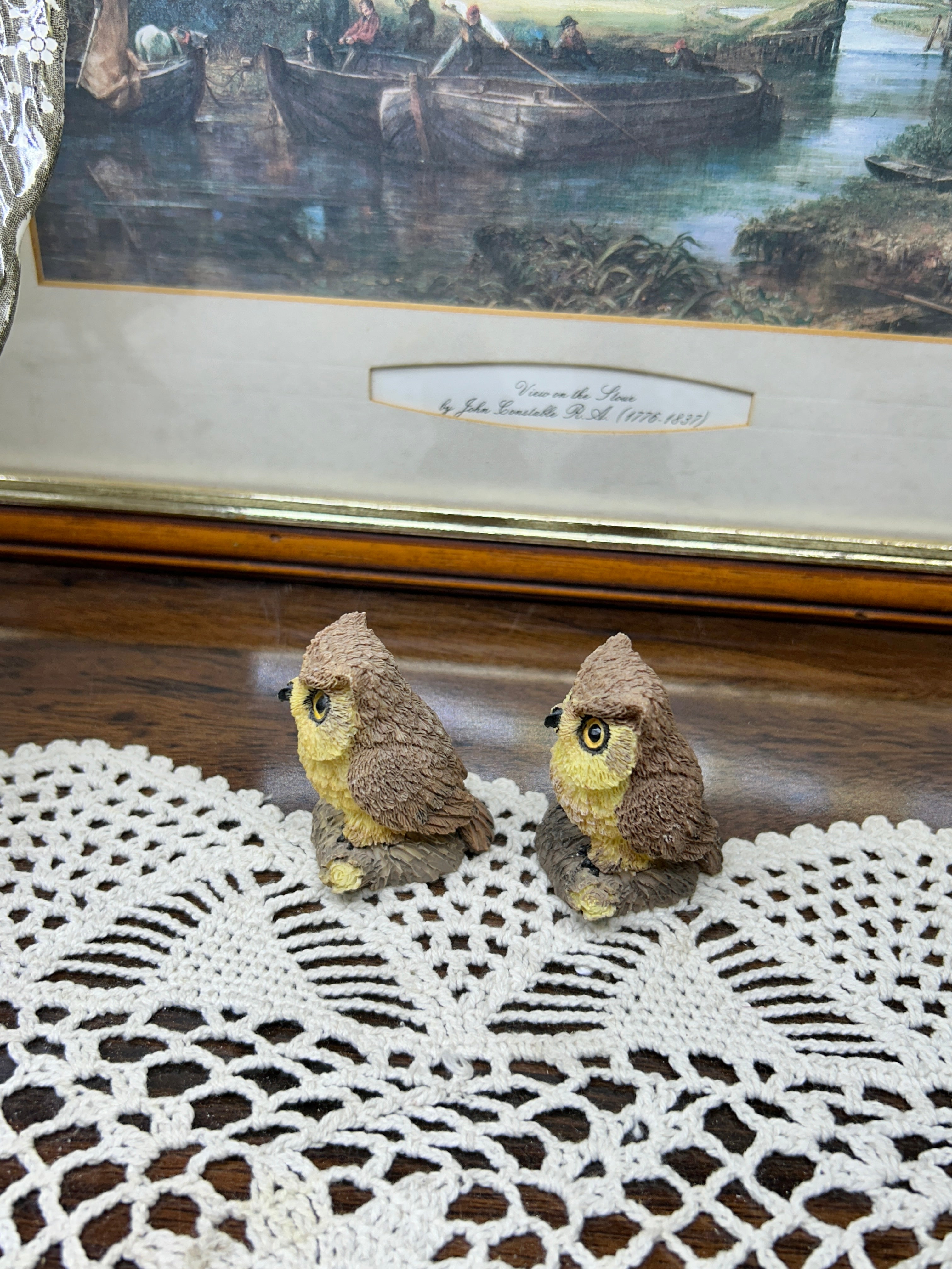 Vintage resin hand-painted owl figurines — pair