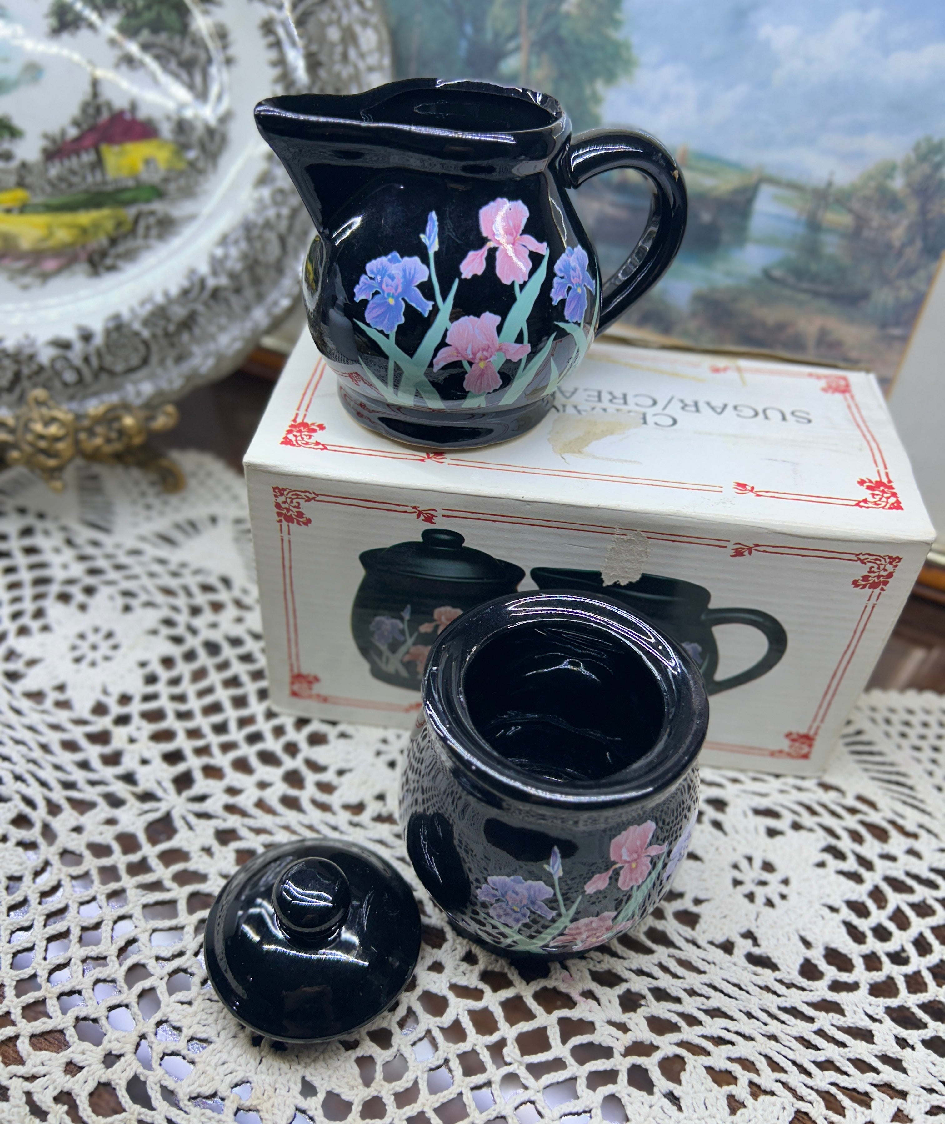 Glossy set of creamer & sugar pot adorned with ink iris floral designs — England