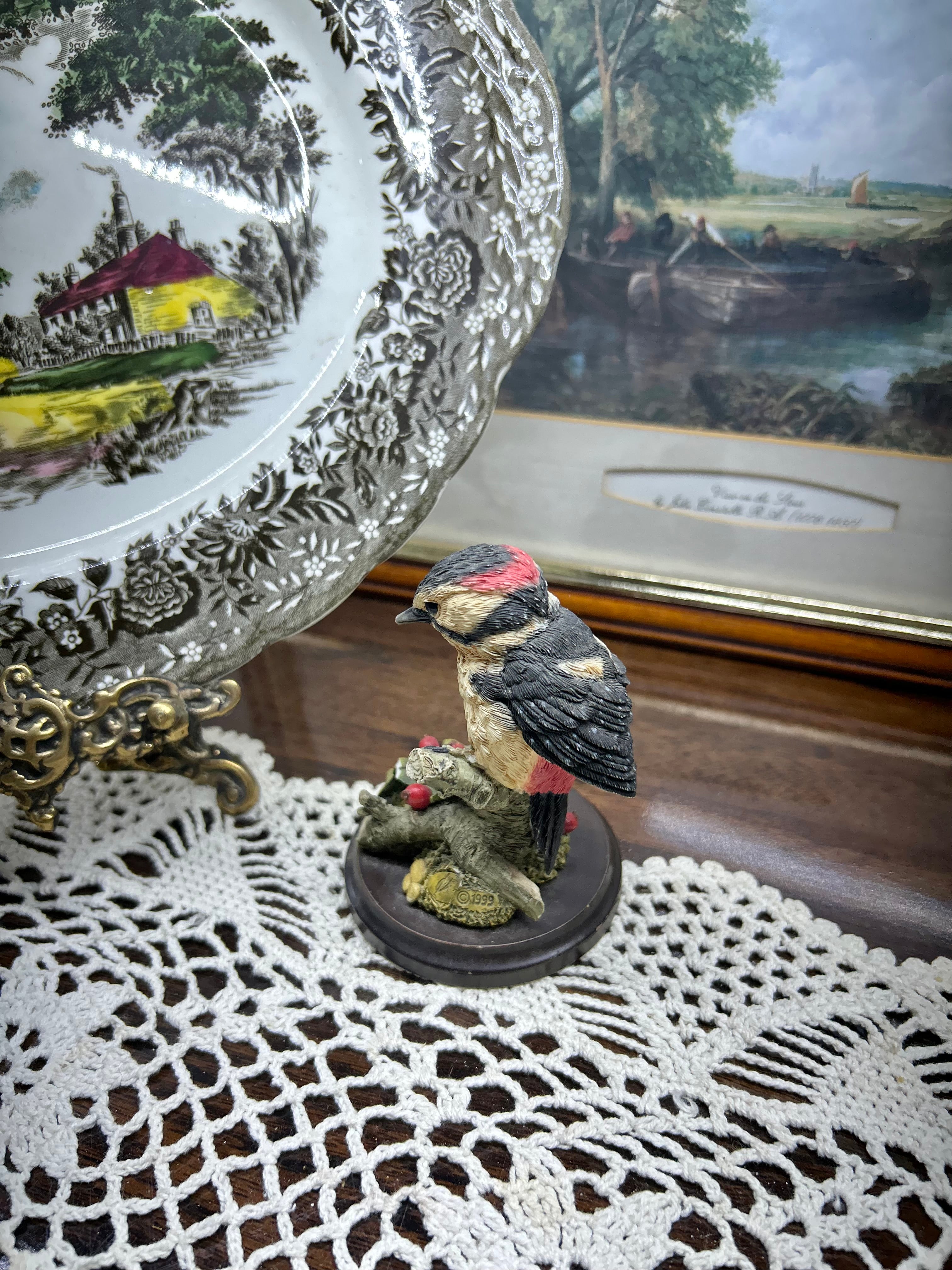 Vintage Hand Painted figurine “Country Artists “ Great Spotted Woodpecker With Hawthorne Berries 1999.
